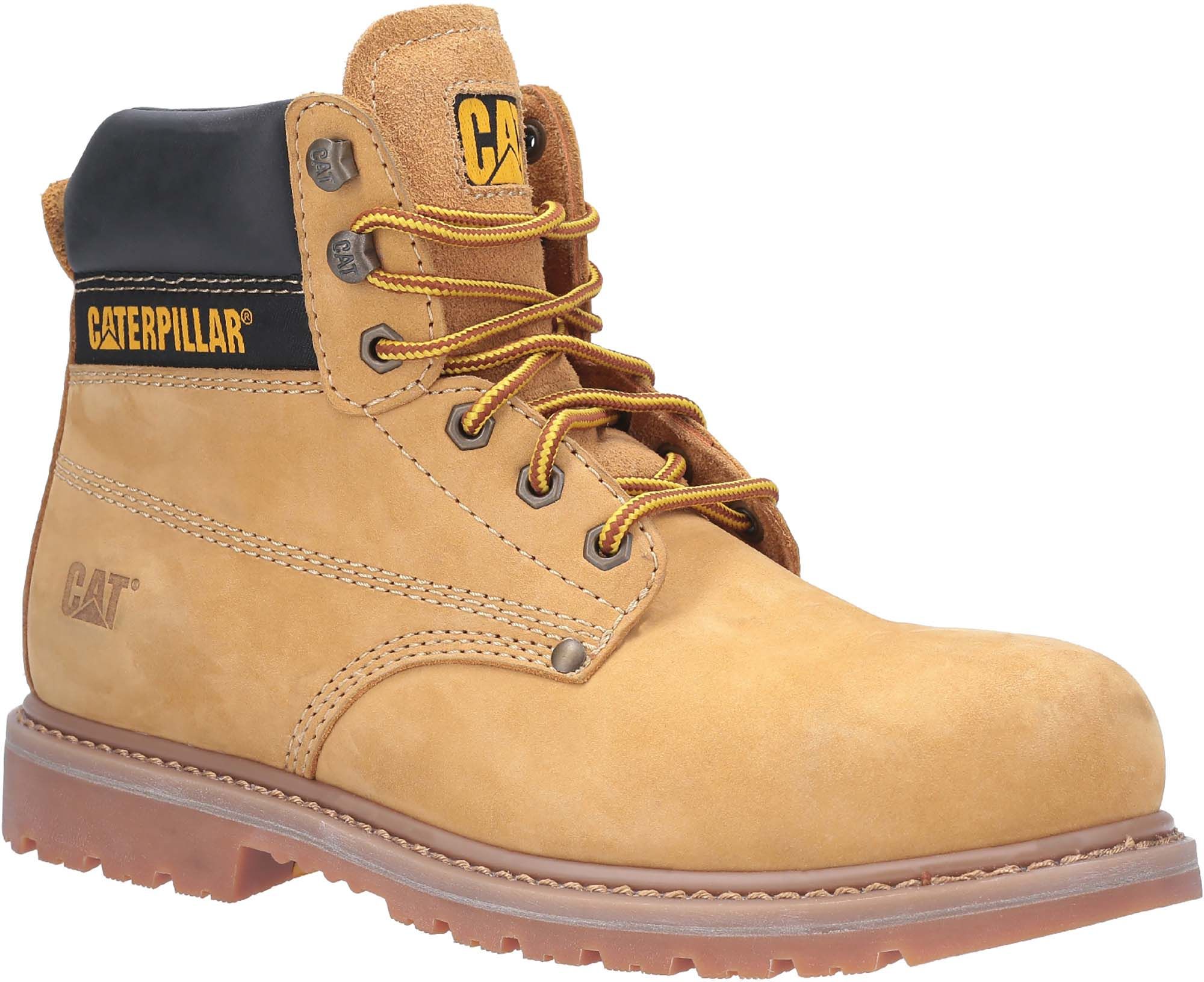 Caterpillar Tan Work Boots — Padded Collar, Yellow and Brown Striped