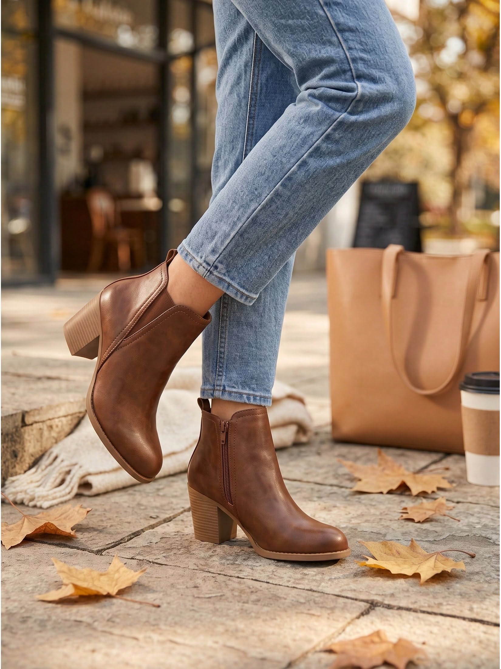Casual Brown Faux Leather Ankle Boots — Chunky Block Heel, Side