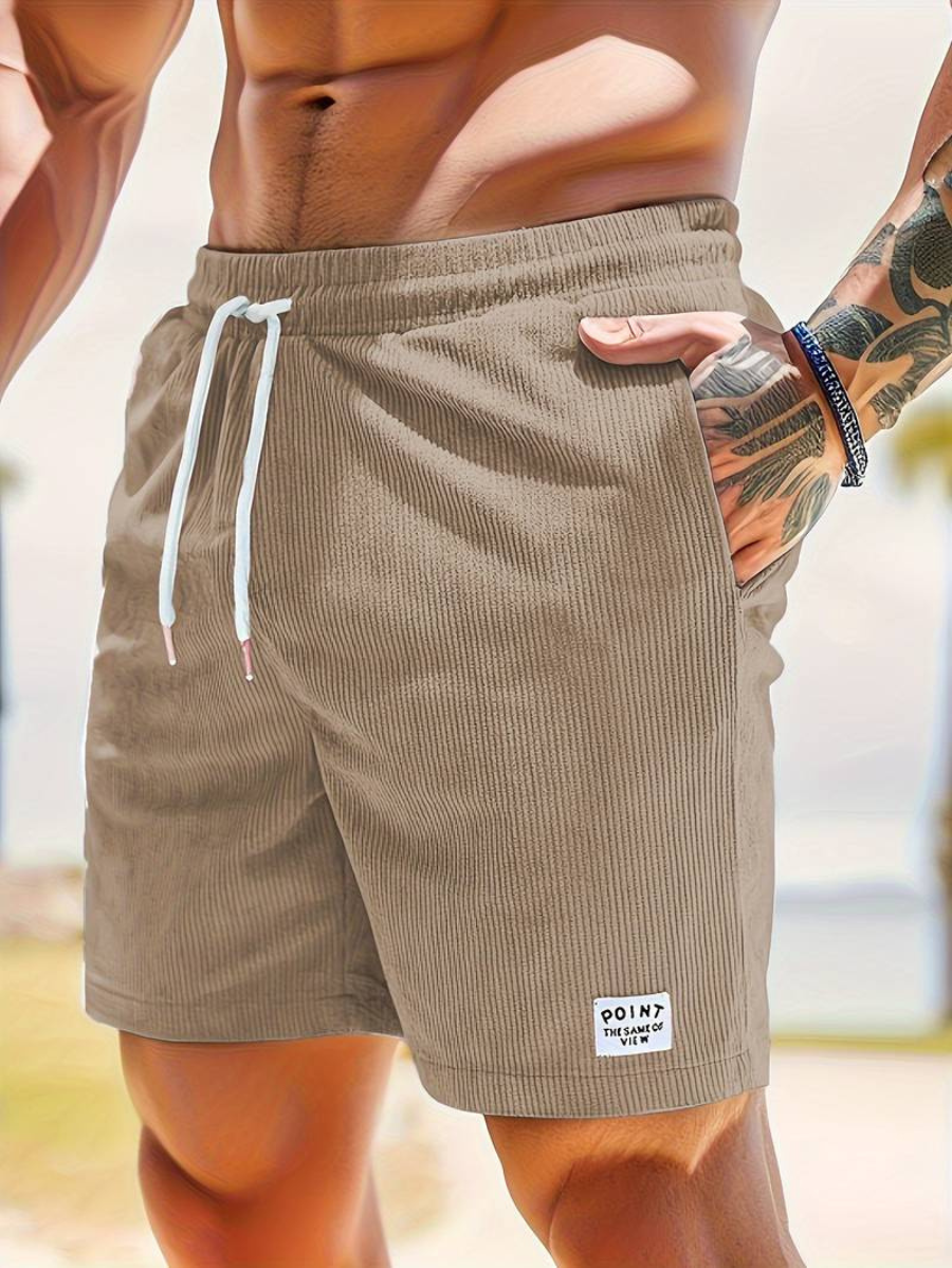 Casual Khaki Shorts — Elastic Waistband, White Drawstring with Silver