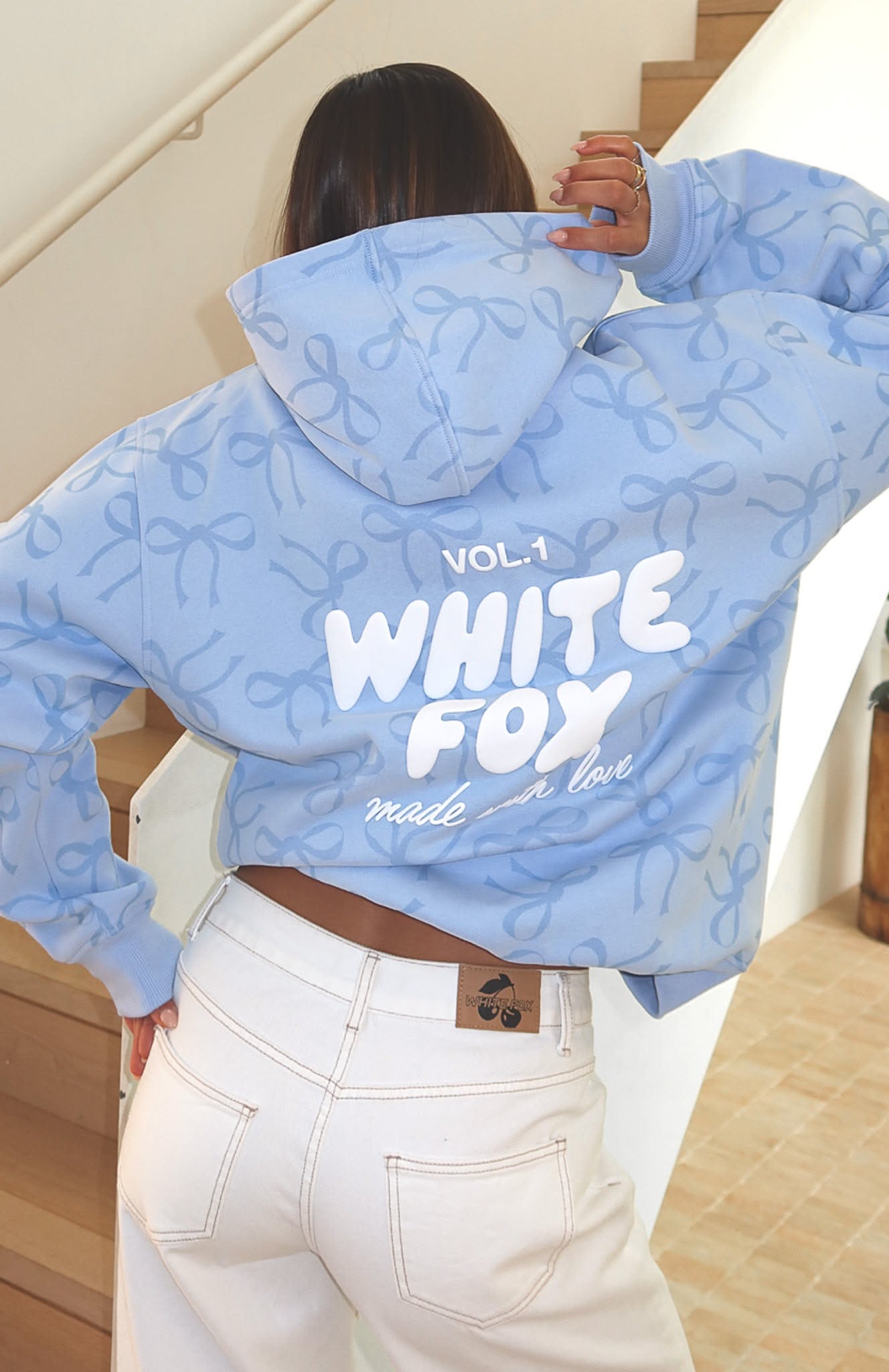 White Fox Light Blue Hoodie — All-over Light Blue Bow Print, 'vol.1