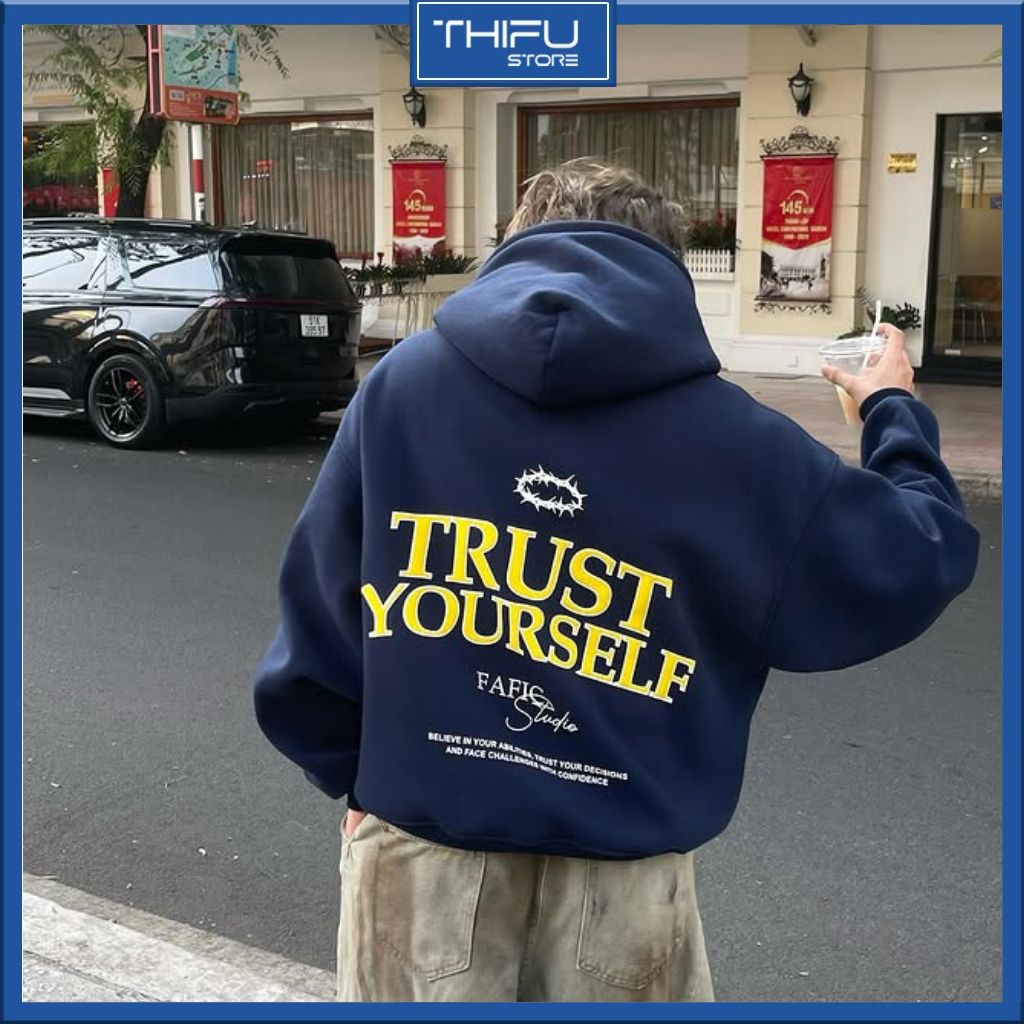 THIFU Store Navy Blue Hoodie — Large Hood, Back Print with Trust