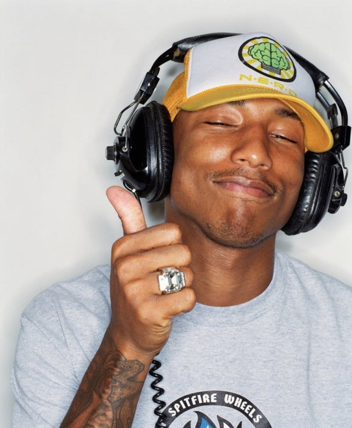 Pharrell Williams Yellow and White Trucker Hat — N.e.r.d. Brain Logo