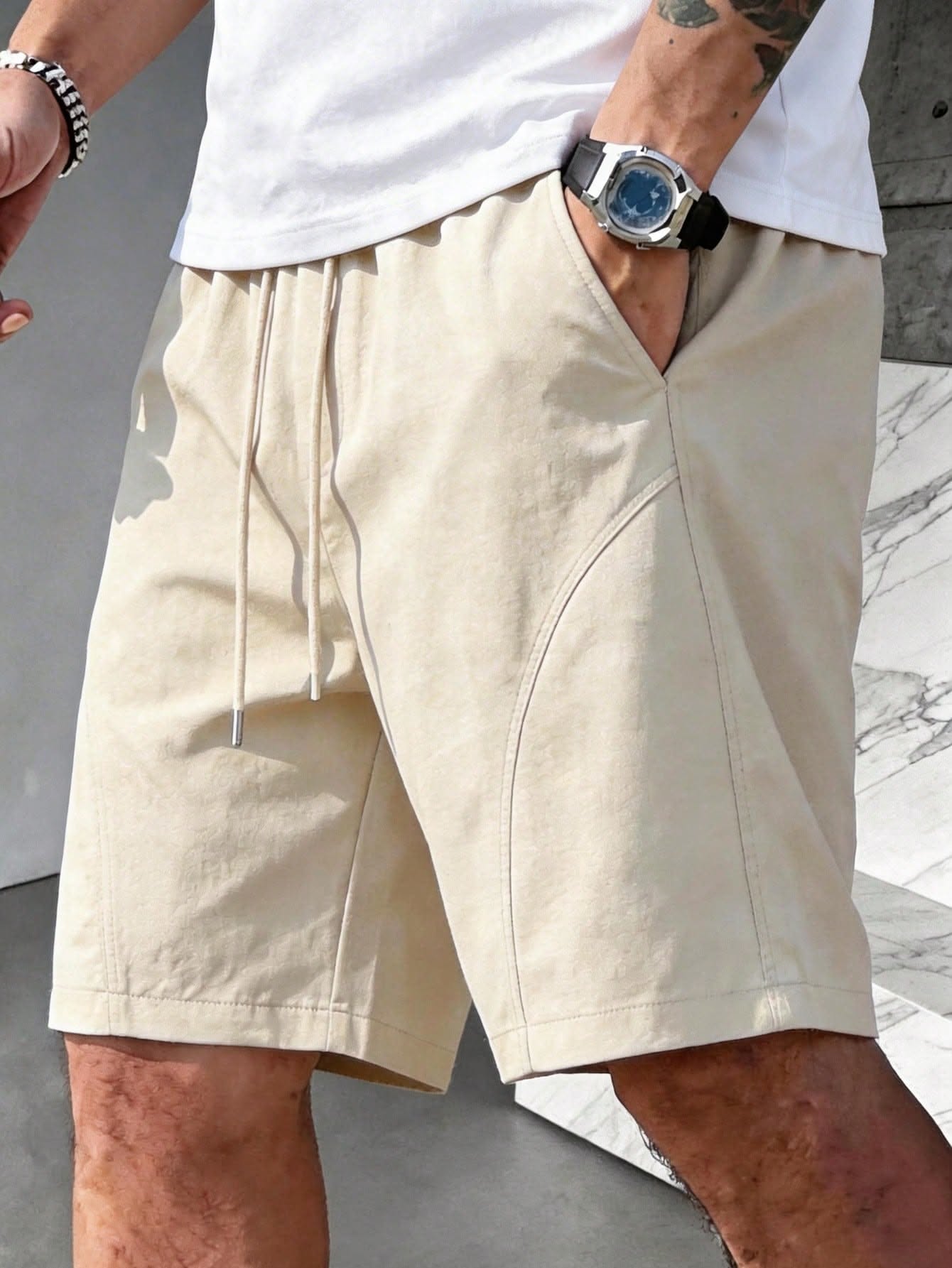 Casual Apricot Shorts — Elastic Drawstring Waistband, Metal Aglets