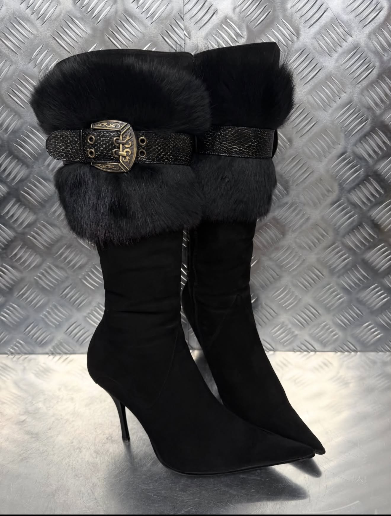 Luxury Black Fur Cuff Stiletto Boots — Pointed Toe, Stiletto Heel