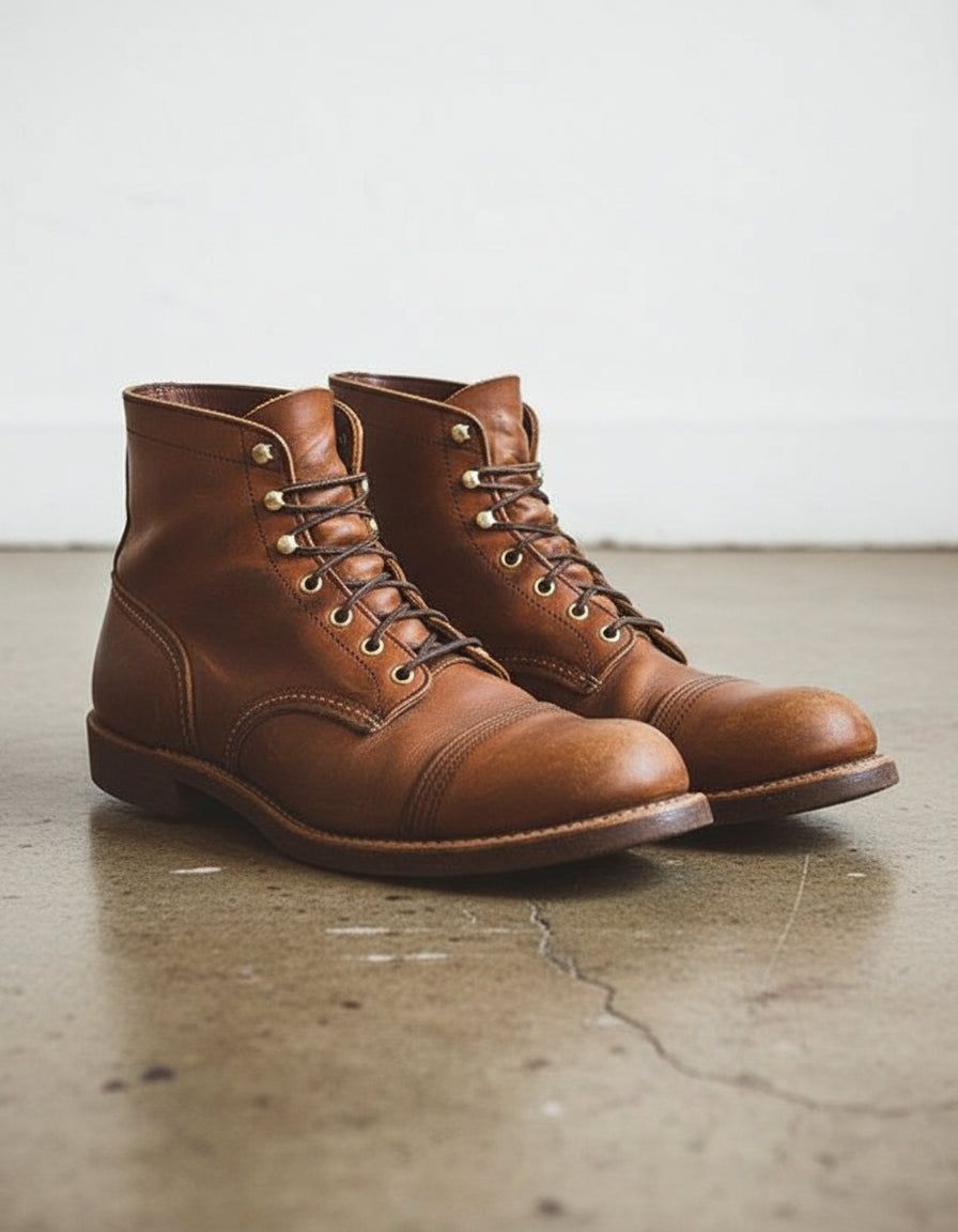 Workwear Cognac Brown Ankle Boots — Cap Toe, Lace-up Closure, Speed