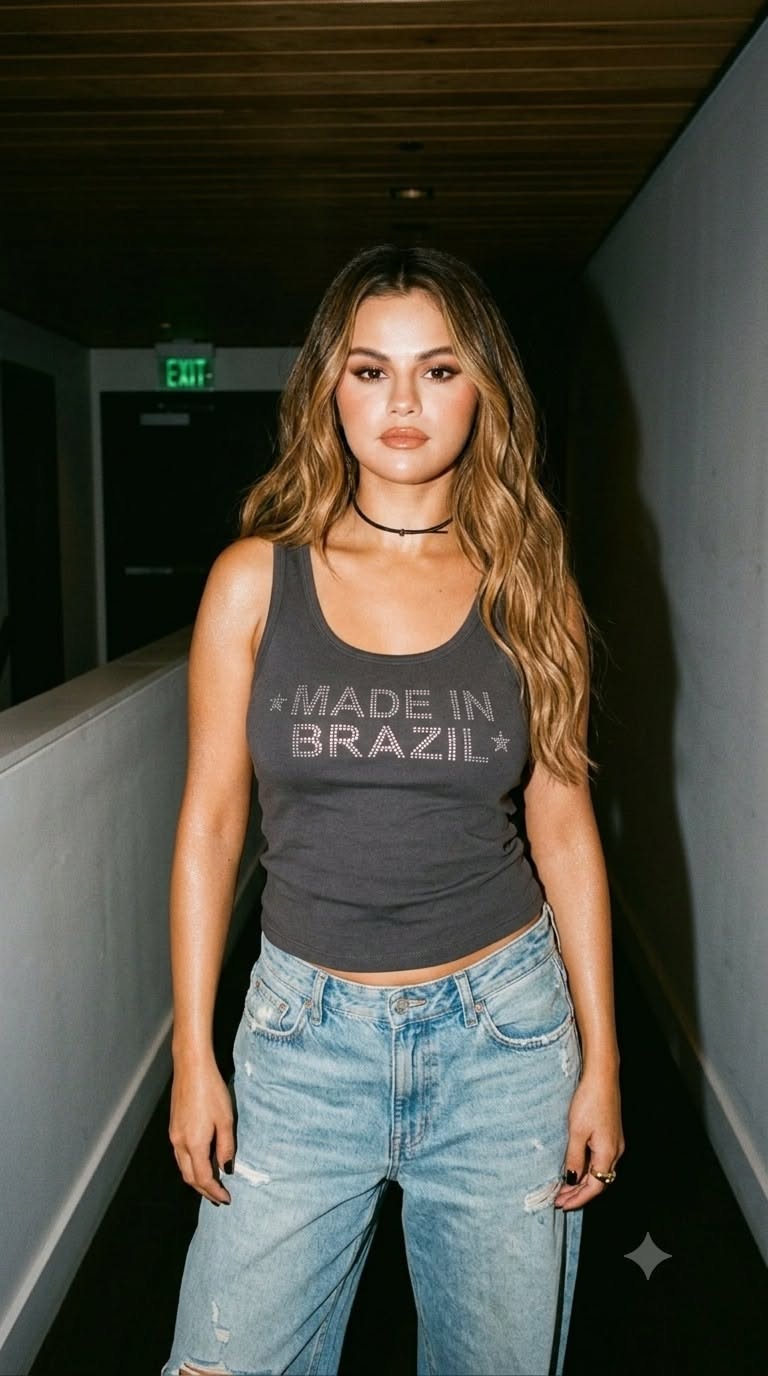 Selena Gomez Charcoal Gray Tank Top — Scoop Neckline, Rhinestone