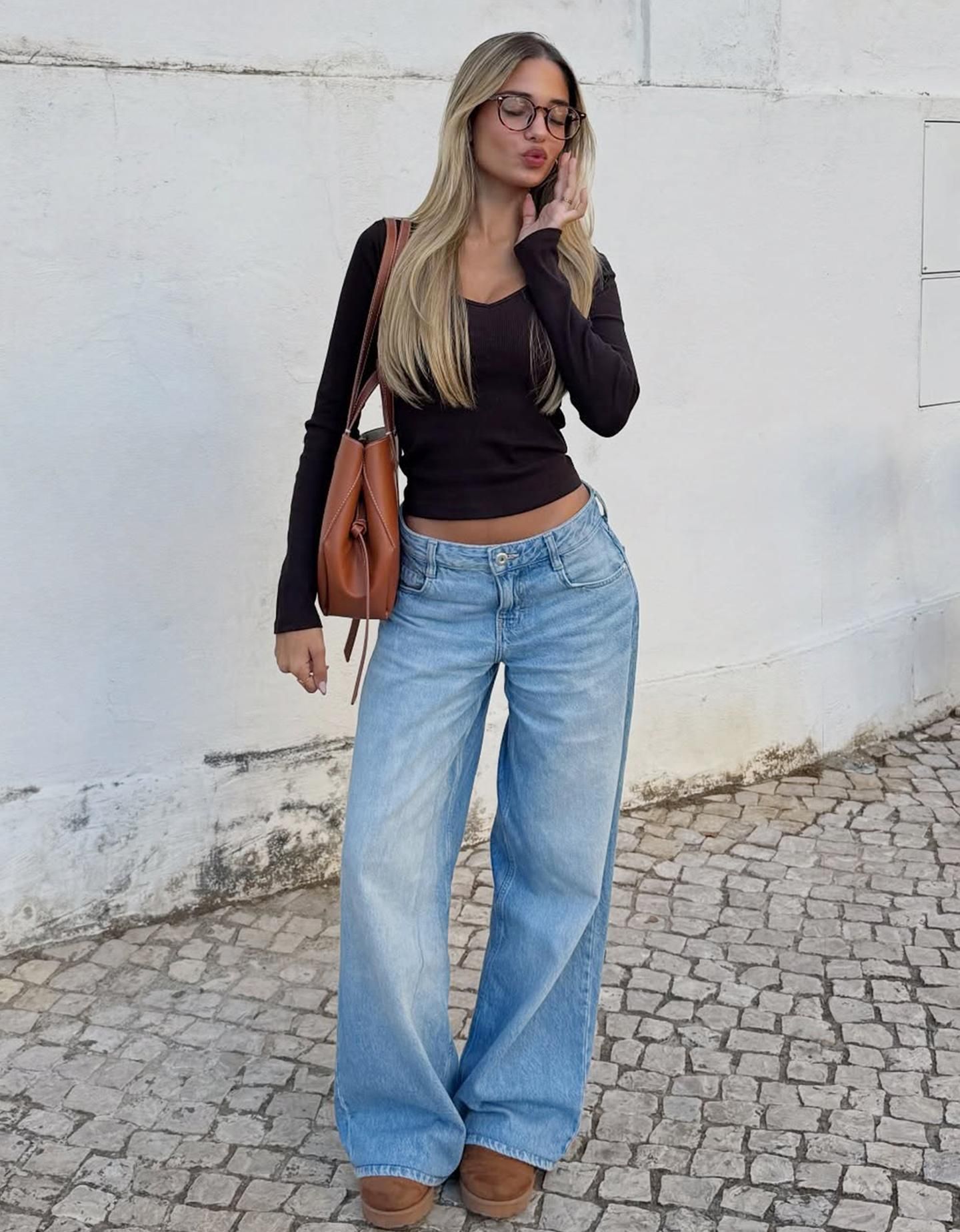 casual dark brown long sleeve top — v-neckline, long sleeves, ribbed texture, cropped length