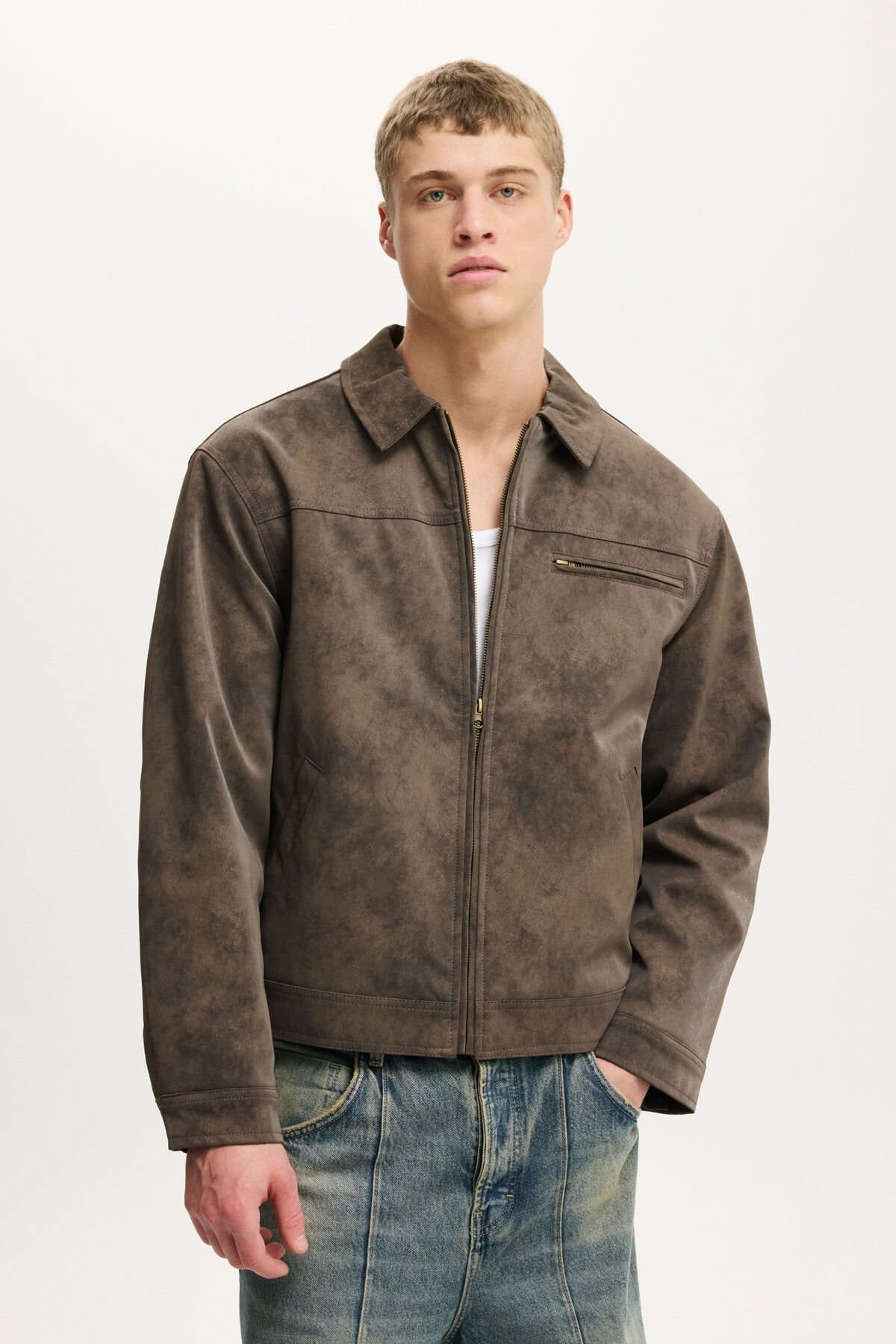 Casual Distressed Brown Harrington Jacket — Collared Neckline, Full