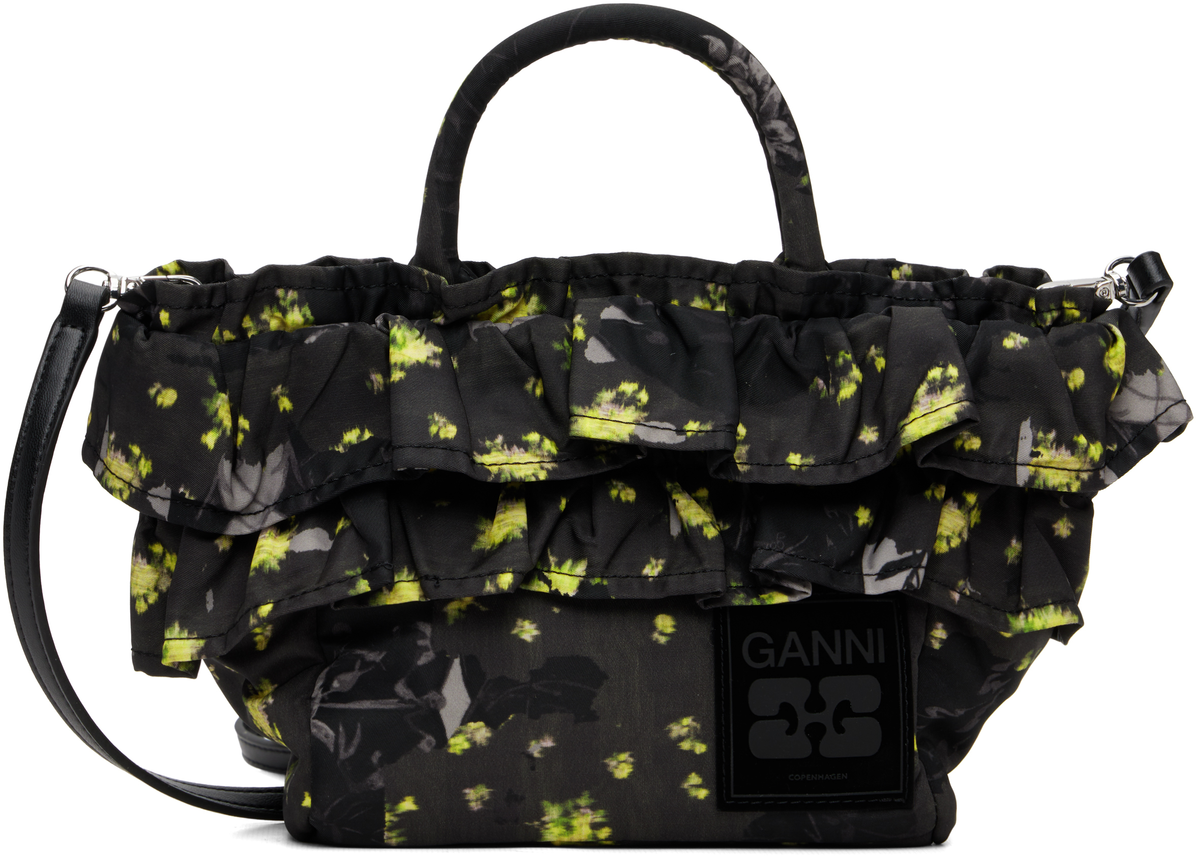 GANNI Black Ruffle Print Mini Shopper Tote