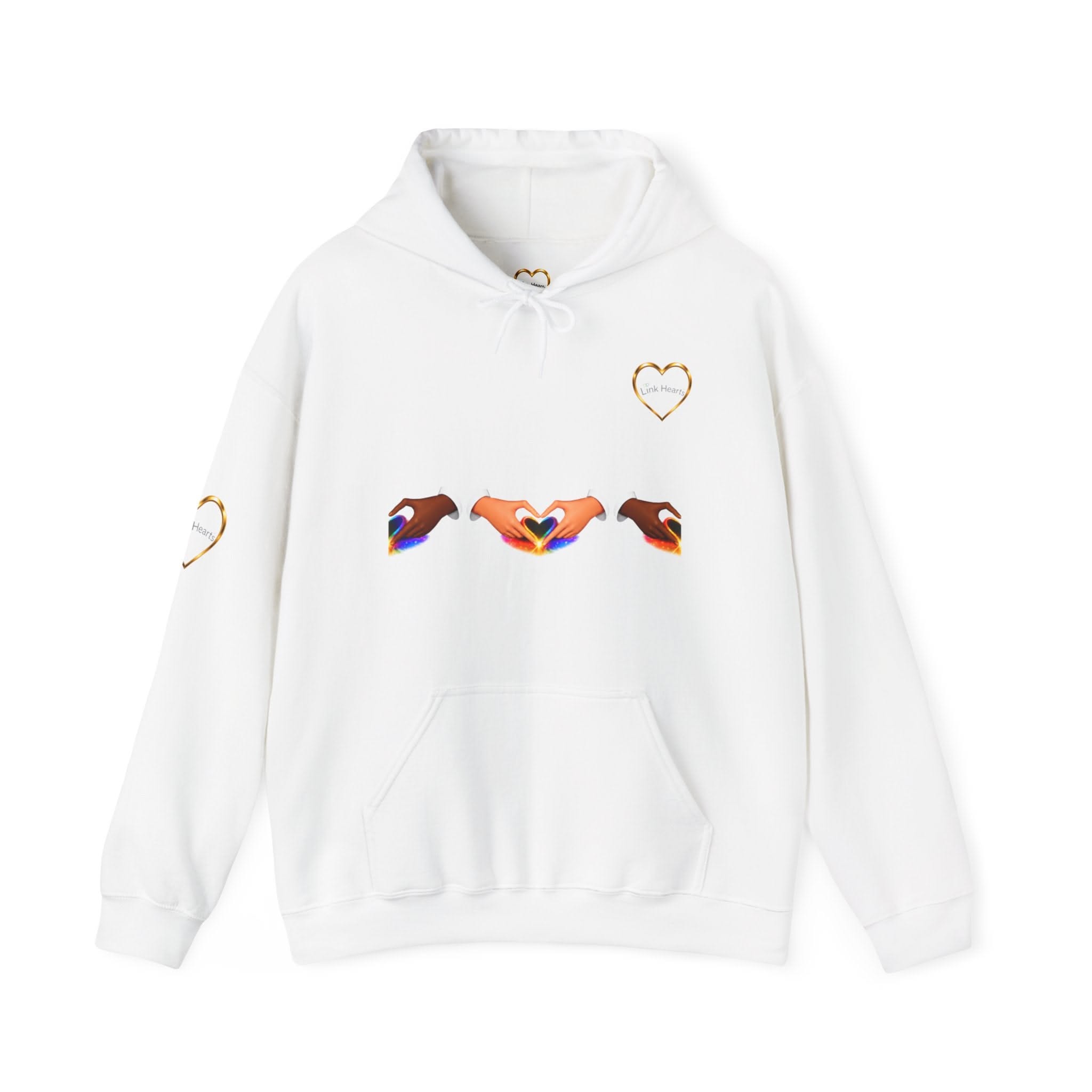 Link Hearts White Hoodie — Rainbow Heart Hands Graphic Print