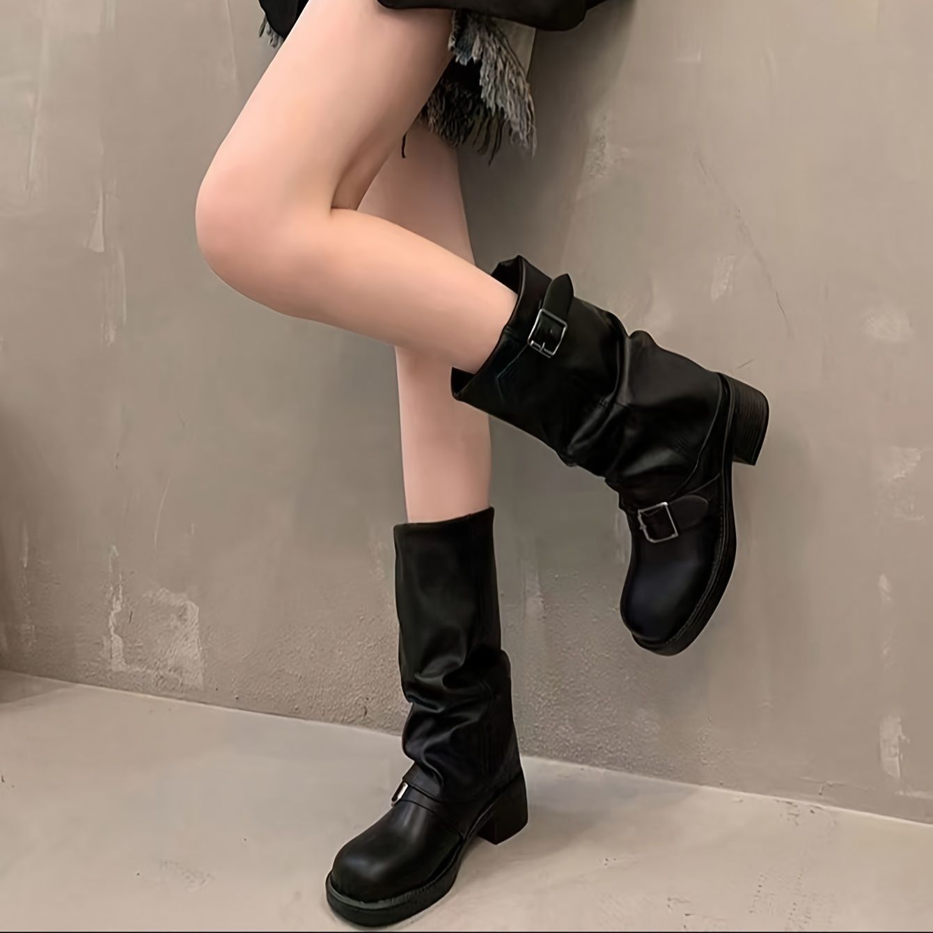 casual black boots — mid-calf height, adjustable buckle straps, round toe, lug sole, block heel