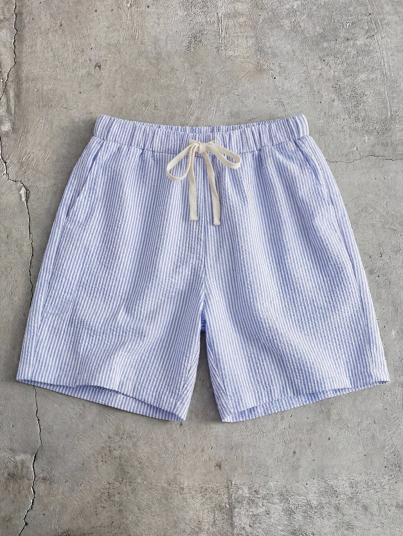 Casual Light Blue and White Shorts — Elastic Waistband, White