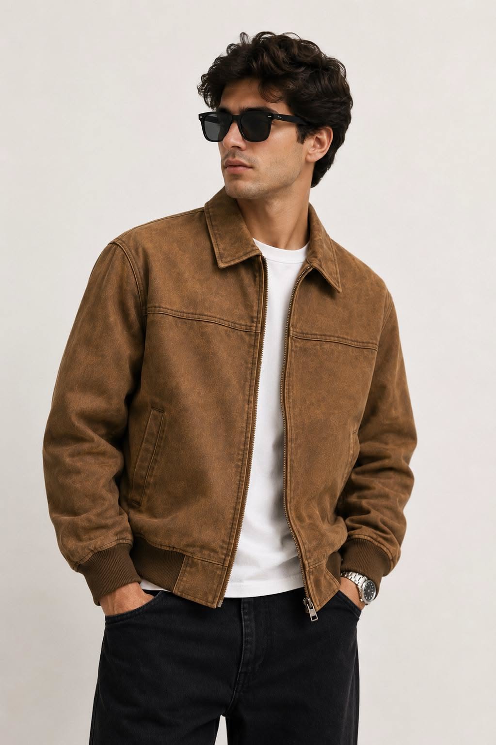 Casual Brown Suede Bomber Jacket — Front Zip Closure, Shirt Collar