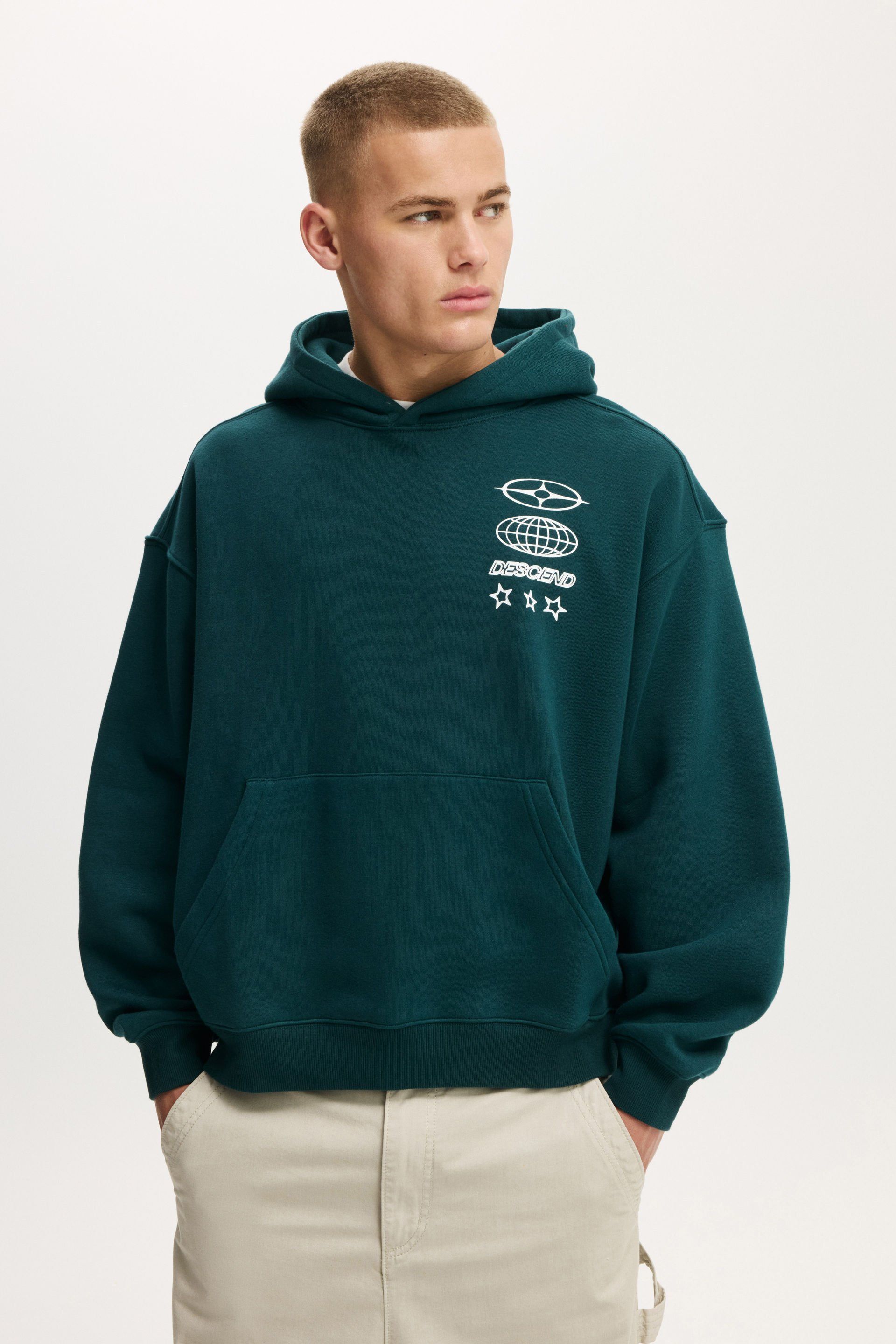 streetwear deep teal hoodie — hooded, long sleeves, ribbed cuffs and hem, kangaroo pocket, white graphic print on chest