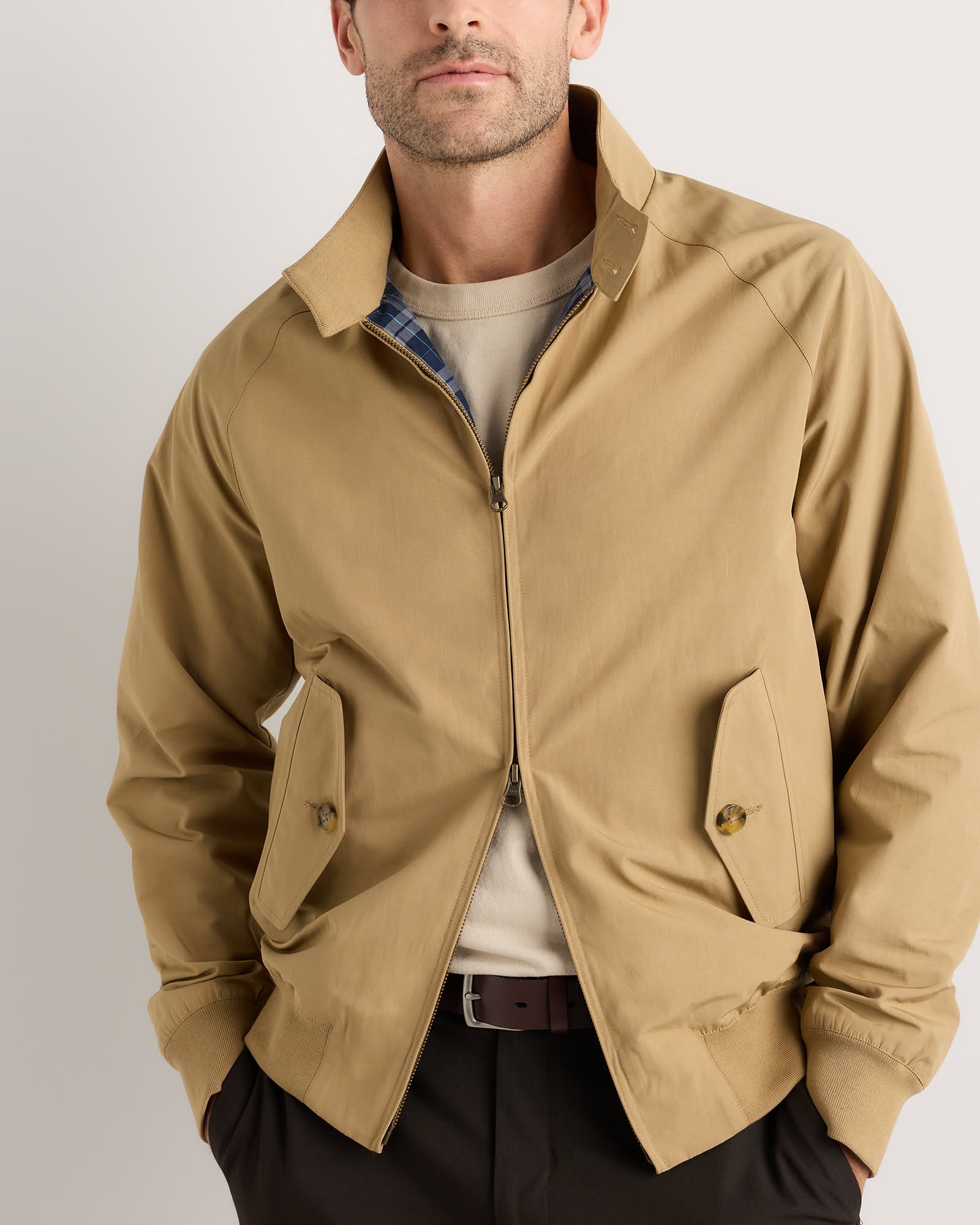 Casual Khaki Tan Harrington Jacket — Stand Collar with Button