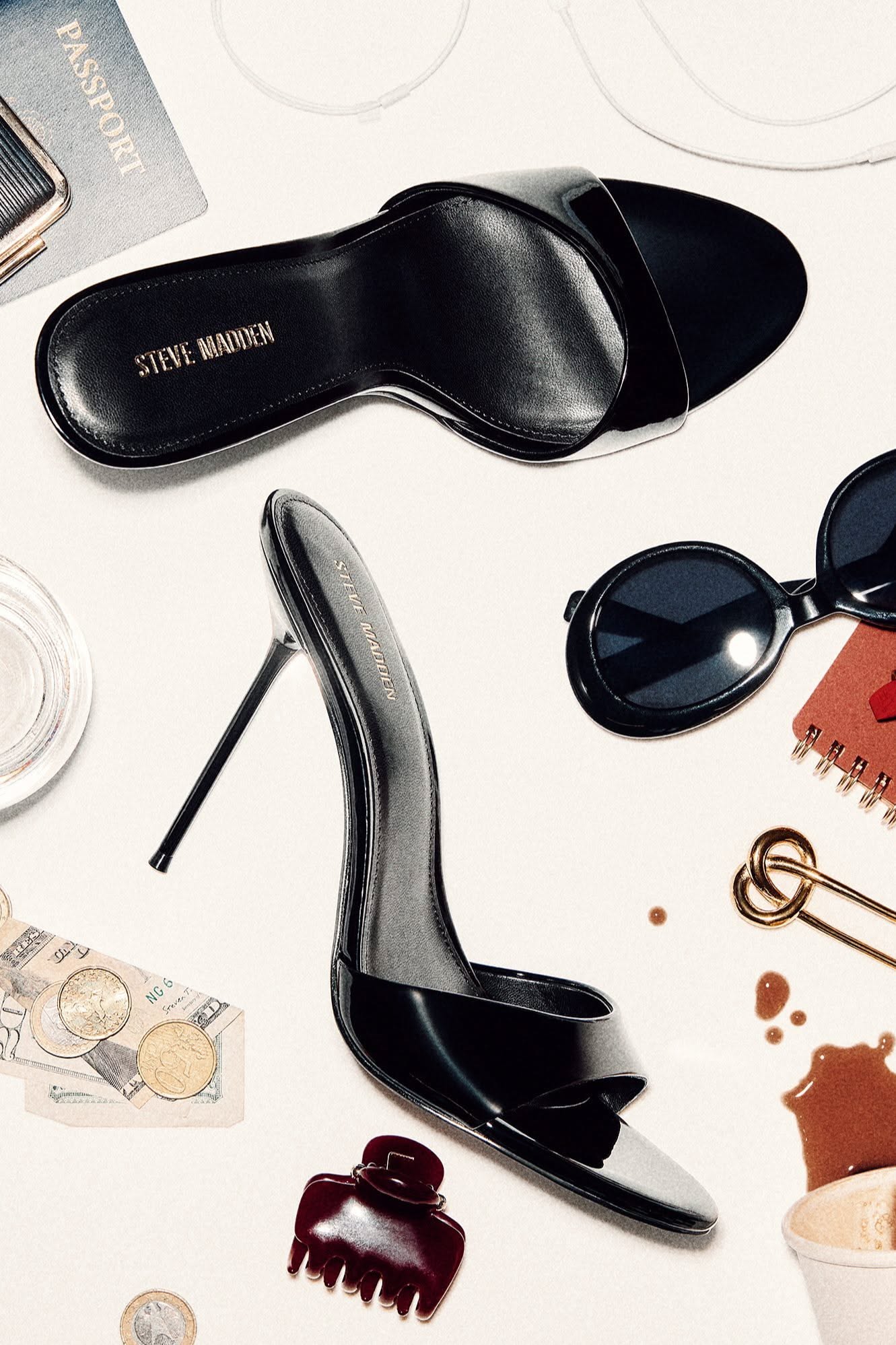 Steve Madden black patent mule heels — single wide strap, stiletto heel, rounded toe
