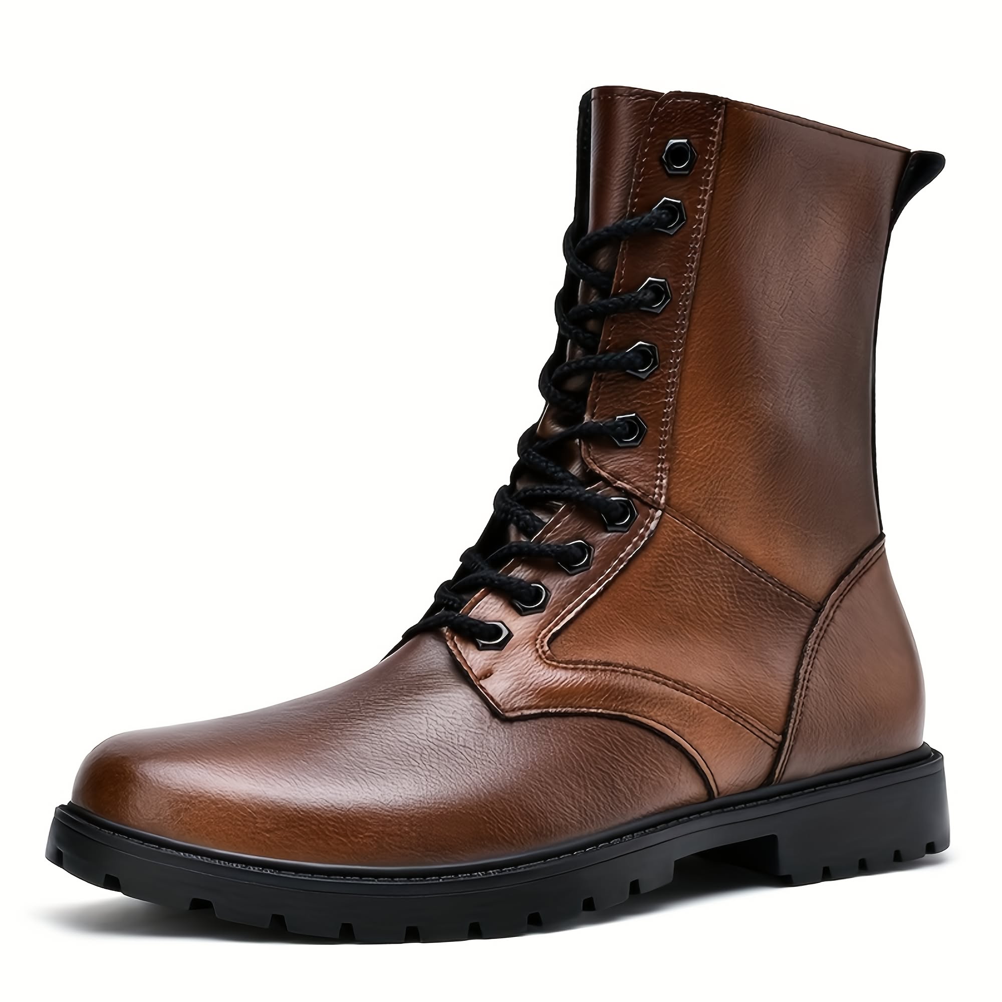 Casual Brown Leather Boots — Lace-up Front with Black Laces, Metal