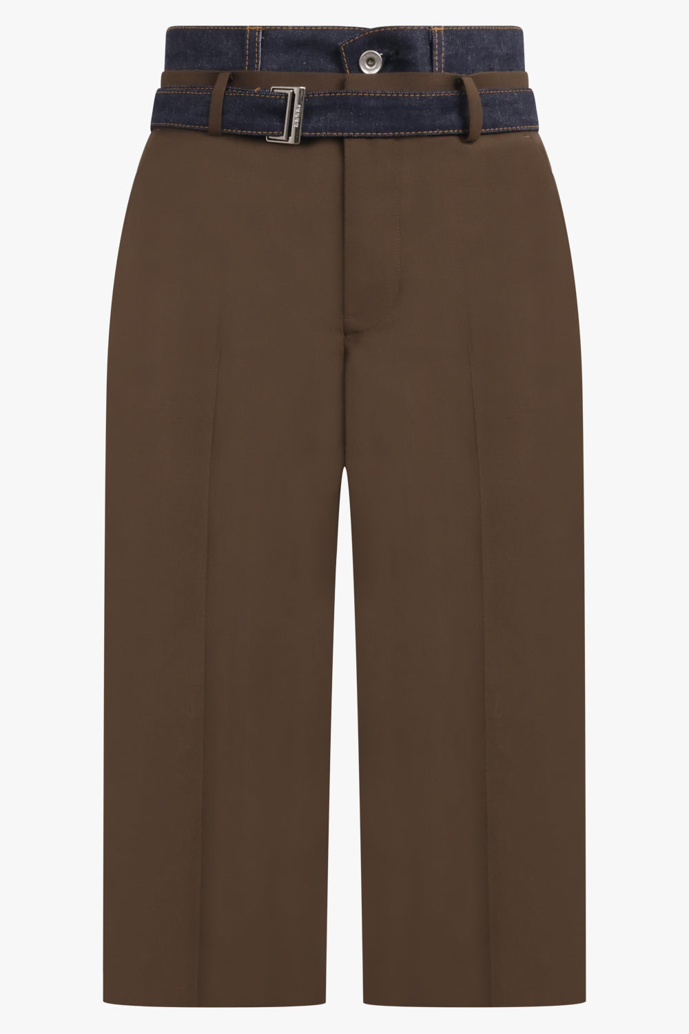 SACAI Suiting X Denim Wide Leg Crop Pant | Brown/Indigo