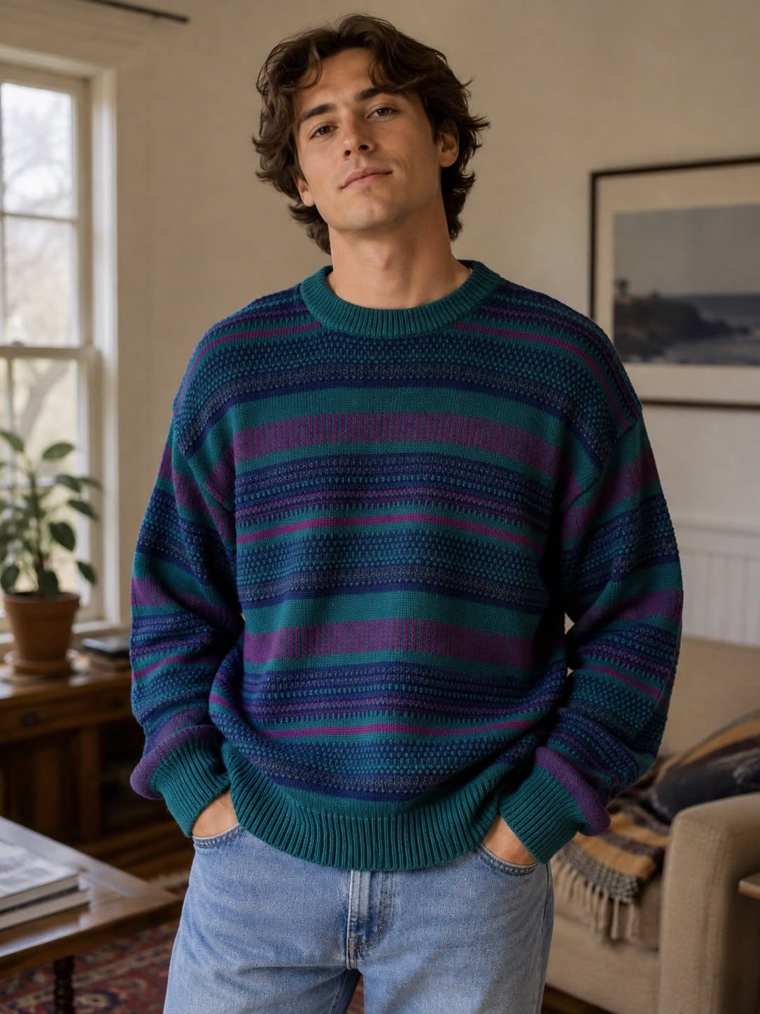 Cambridge Classics Teal Blue and Purple Knit Sweater — Crew Neckline