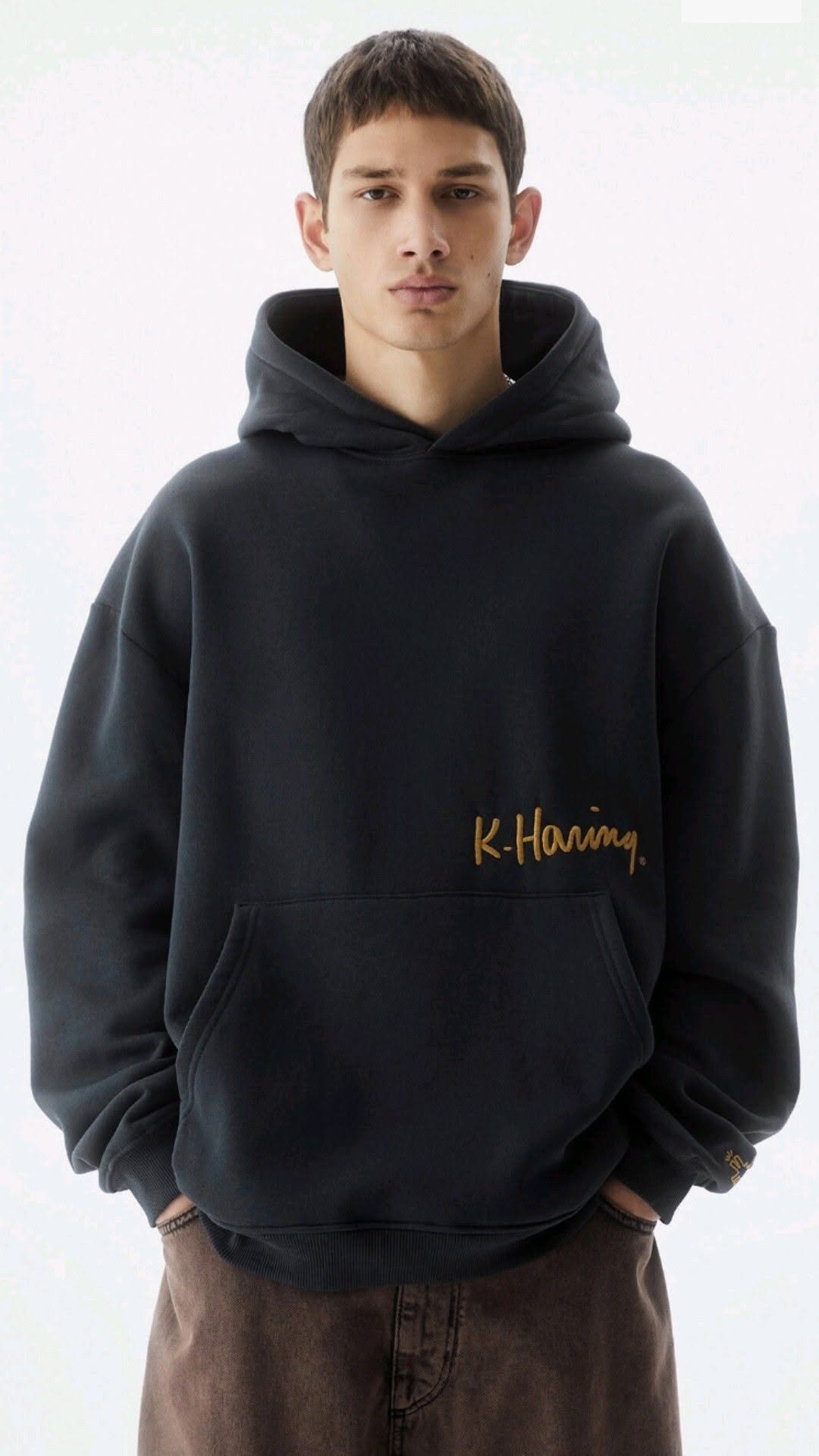 Keith Haring Charcoal Black Hoodie — Drawstring Hood, Kangaroo