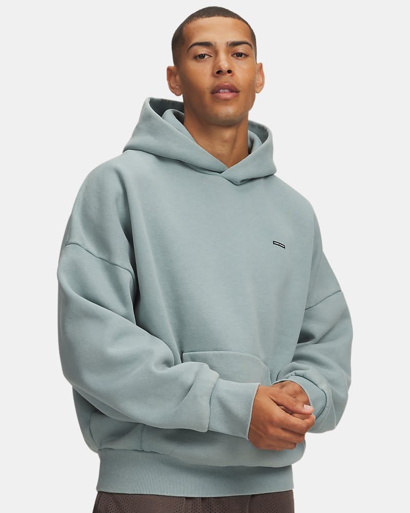 streetwear dusty teal hoodie — hooded, dropped shoulders, ribbed cuffs and hem, kangaroo pocket, small rectangular logo