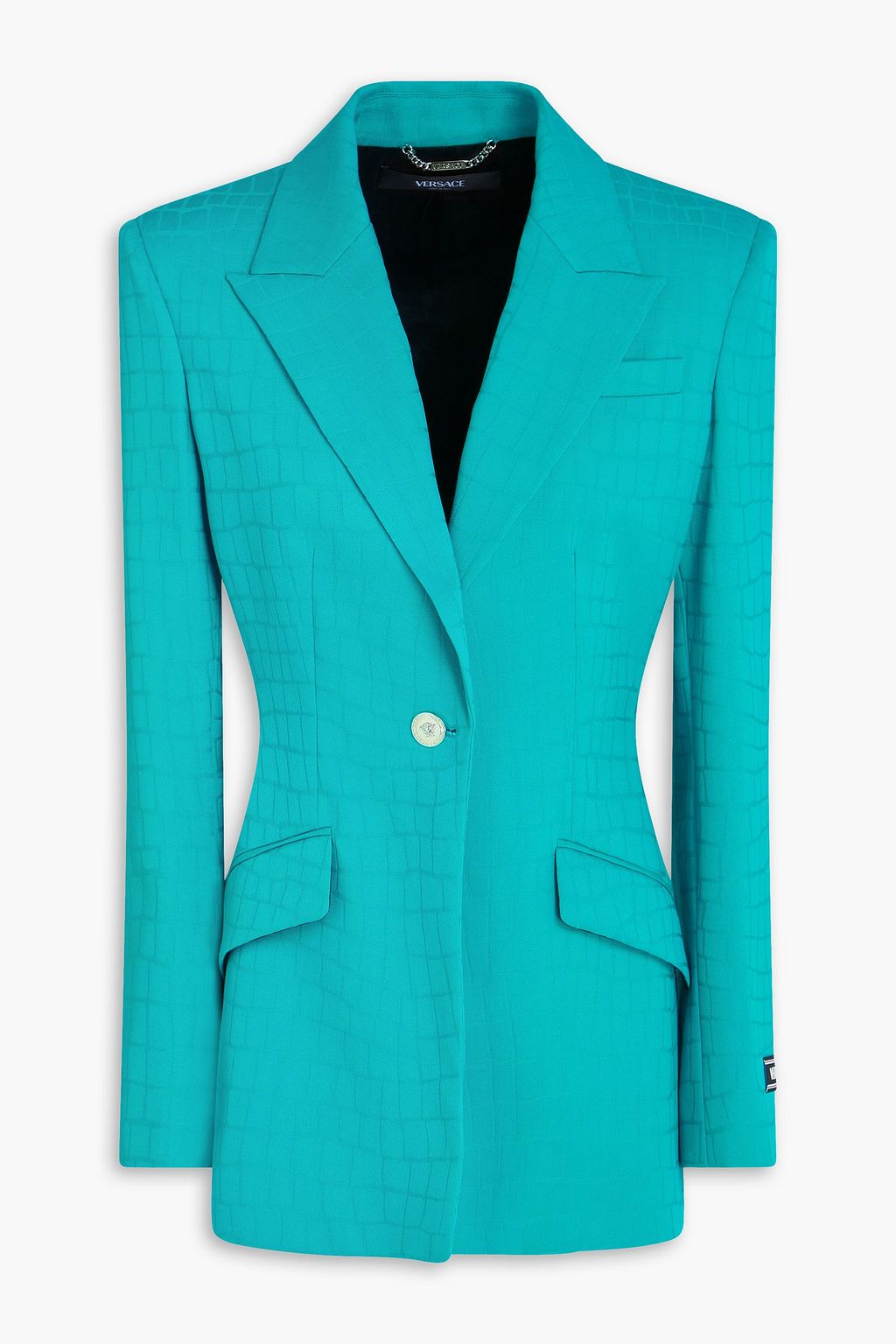 Versace women's blazer tailored fitted turquoise viscose blend Versace embossed crocodile effect luxury designer