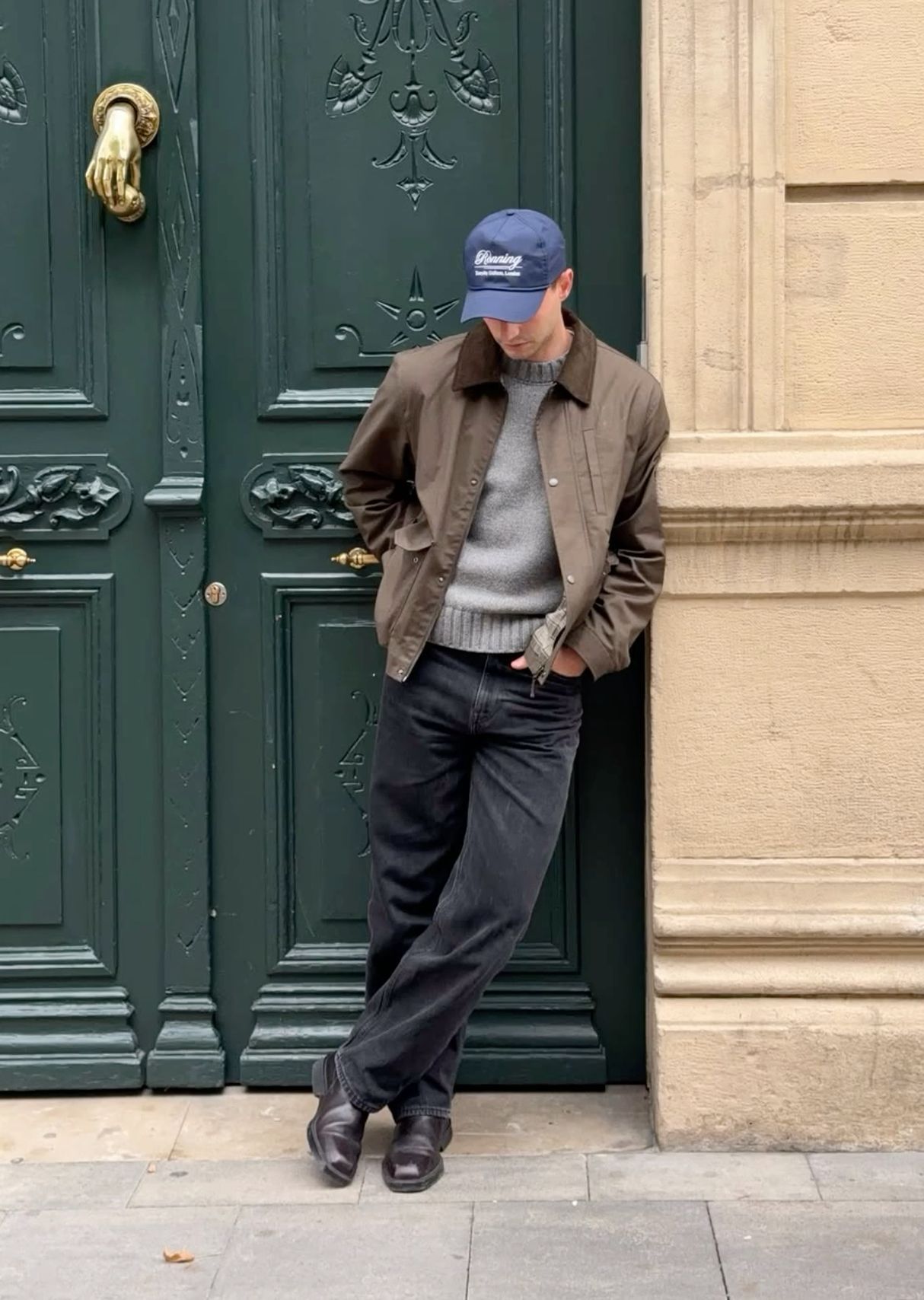 casual olive brown bomber jacket — corduroy collar, button front closure, flap pockets