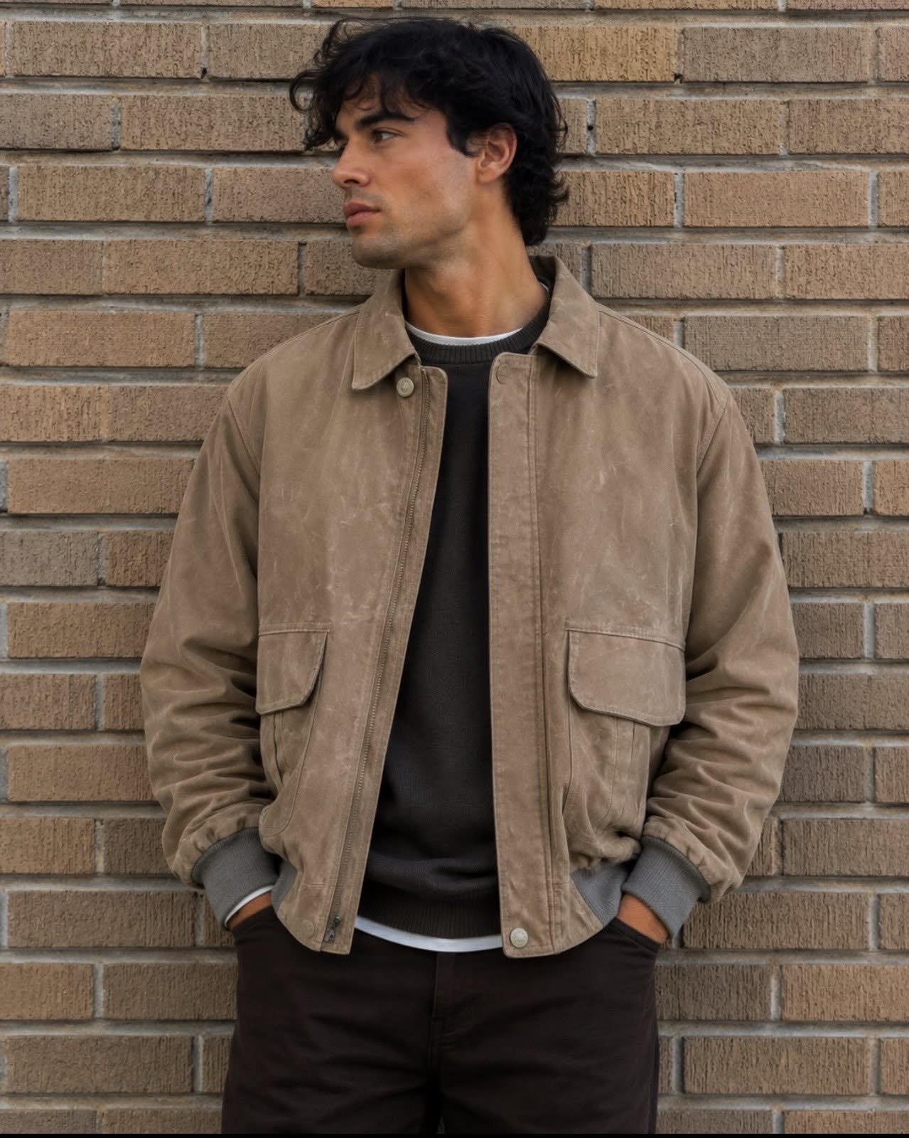 Italian Textile Group Tan Bomber Jacket — Point Collar, Front Zip