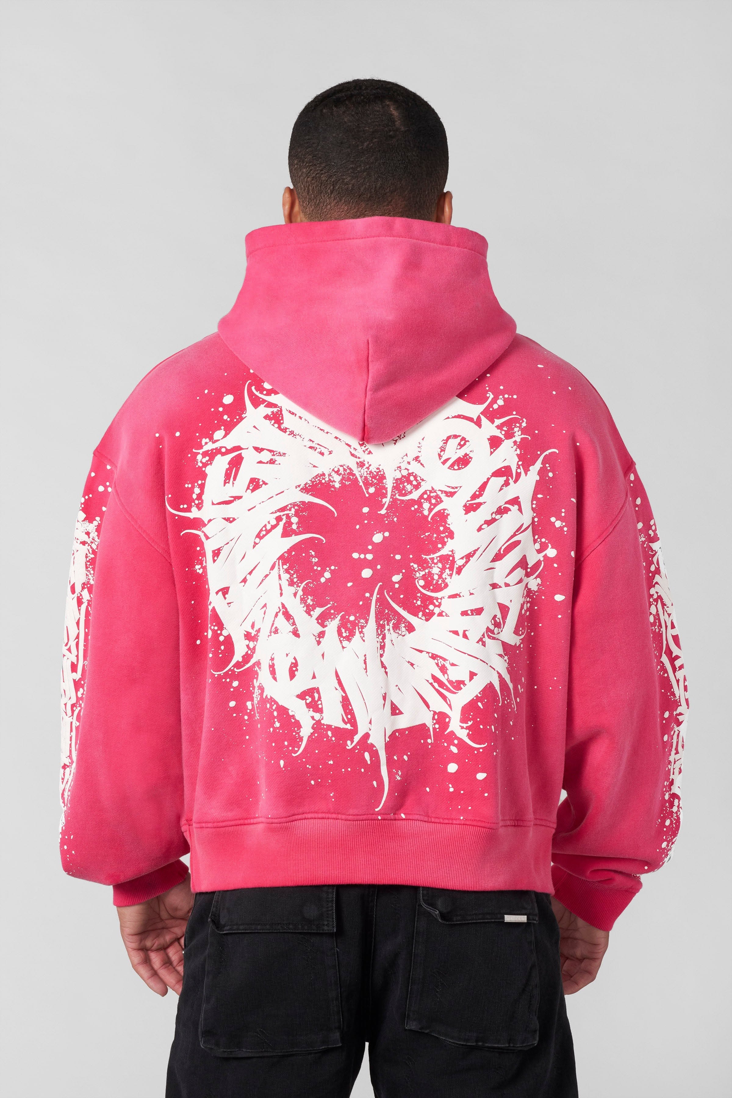 Streetwear Fuchsia Pink Washed Hoodie — White Abstract Graphic Print
