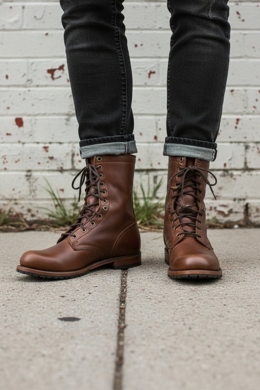 workwear rich brown combat boots — lace-up, metal eyelets, round toe, stacked heel, lug sole