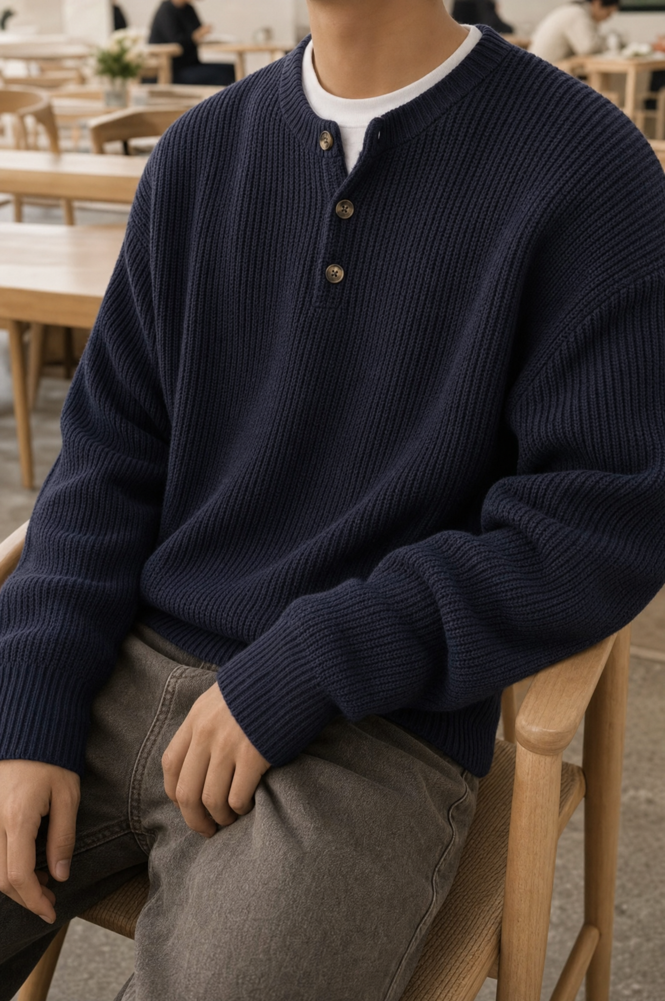 Shein Navy Blue Henley Sweater — Three-button Placket, Henley