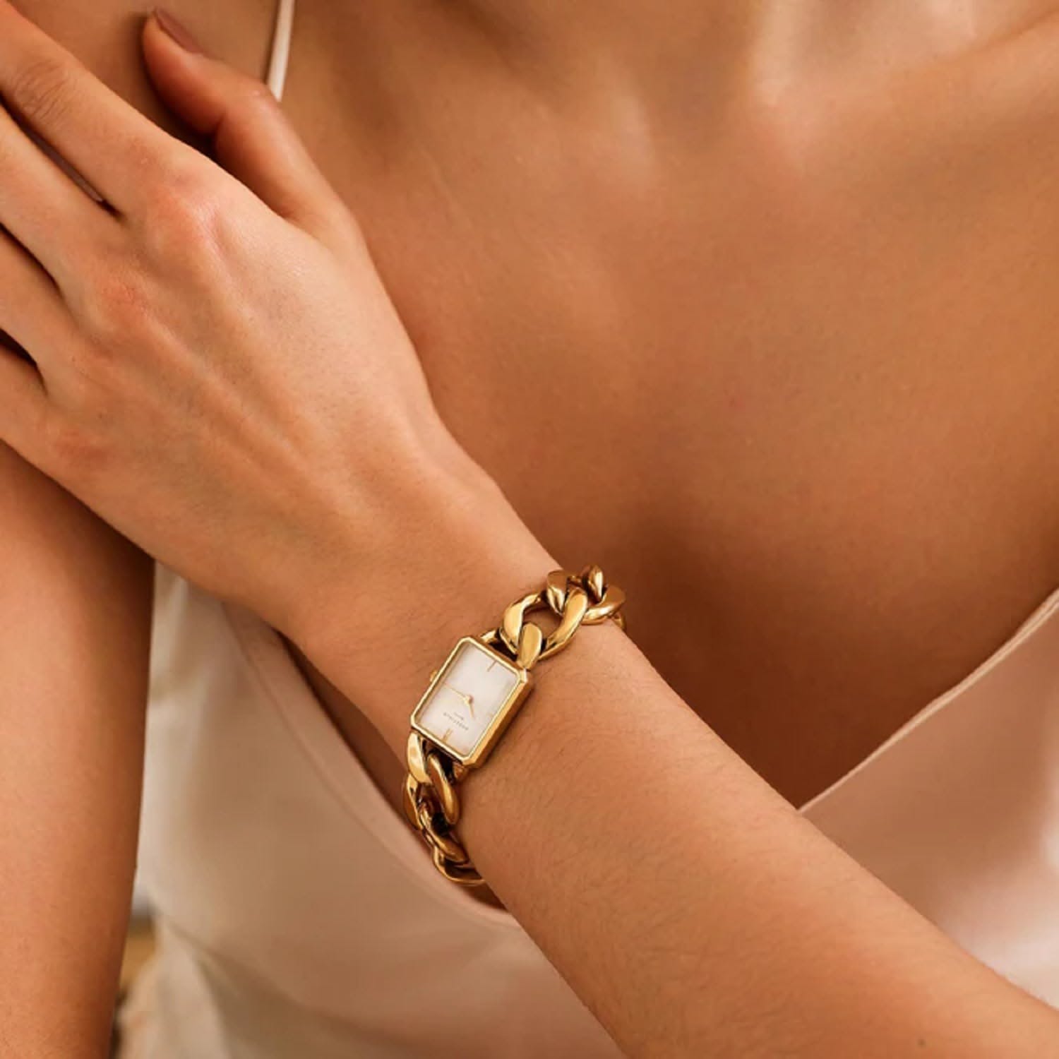 Rosefield gold with white dial watch — rectangular case, white dial, gold curb chain strap, minimalist face