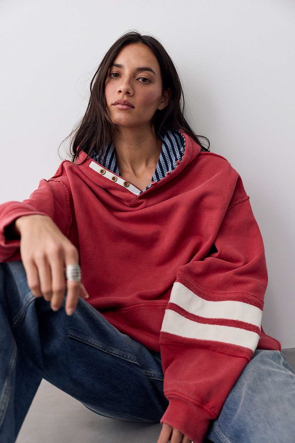 Free People Dusty Red Hoodie — Button-placket Neckline, Striped Hood