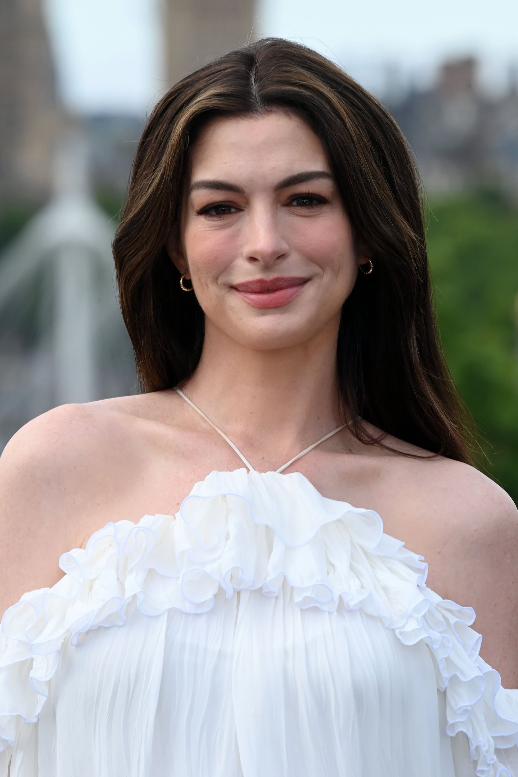 Anne Hathaway White Halter Neck Top — Ruffled Neckline, Pleated