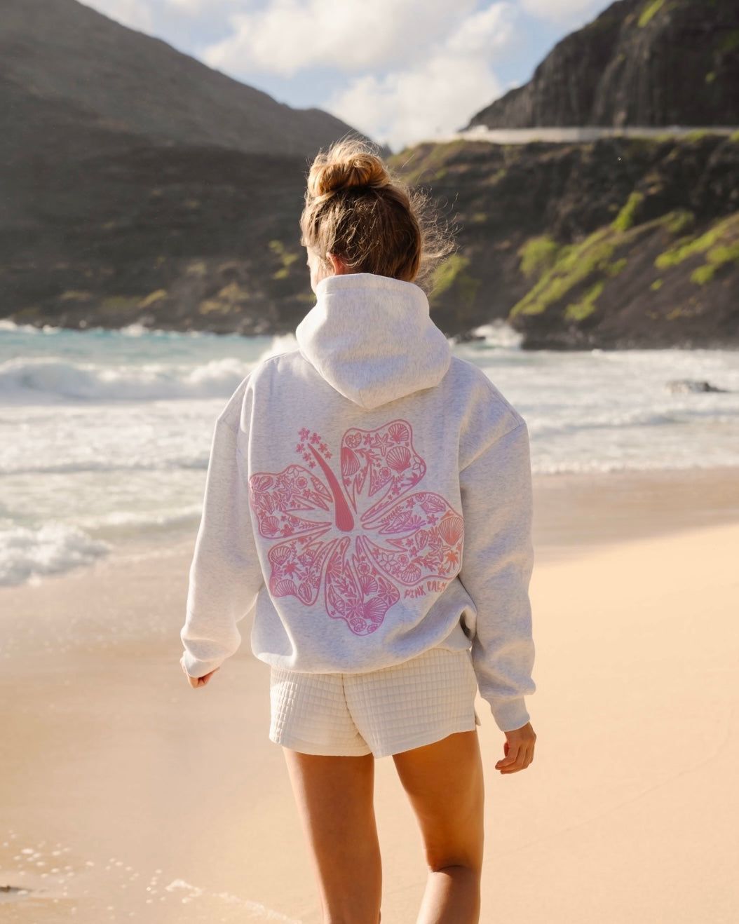 Pink Palm Puff Heather Grey Hoodie — Large Pink Hibiscus Graphic