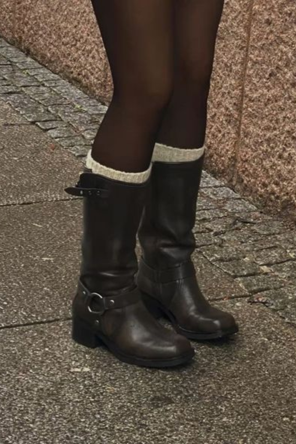 Streetwear Dark Brown Mid-calf Boots — Buckle Strap, Harness Ring