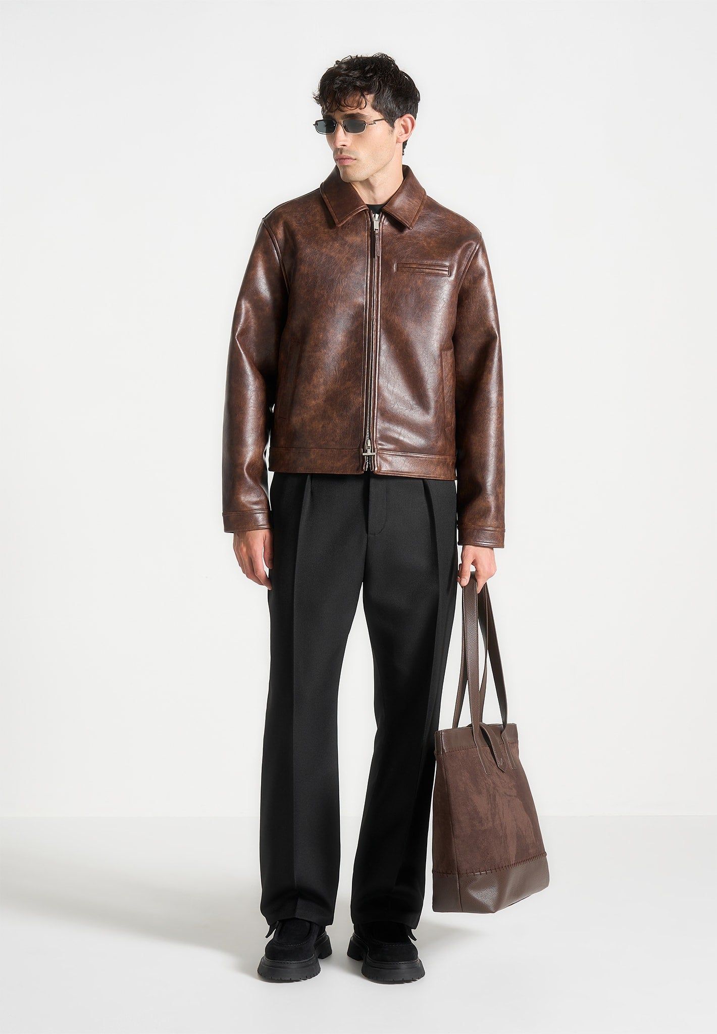 Manière de Voir Distressed Brown Leather Jacket — Point Collar, Full