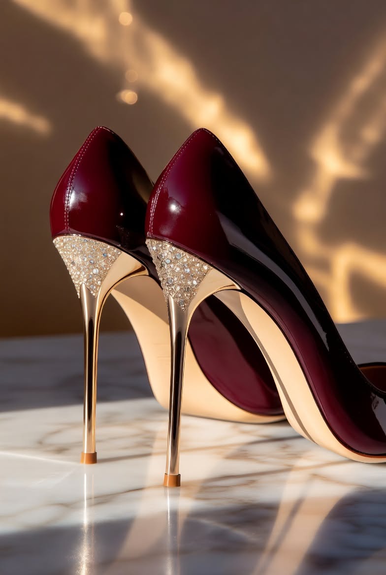 Luxury Burgundy Ombre Stiletto Pumps — Crystal Embellished Heel, Gold