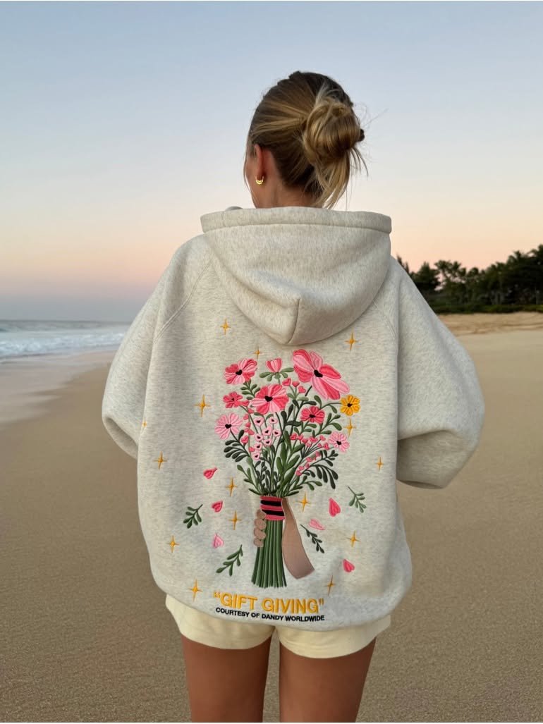 Dandy Worldwide heather grey hoodie — hooded, raglan sleeves, embroidered floral bouquet graphic on back, text graphic on back