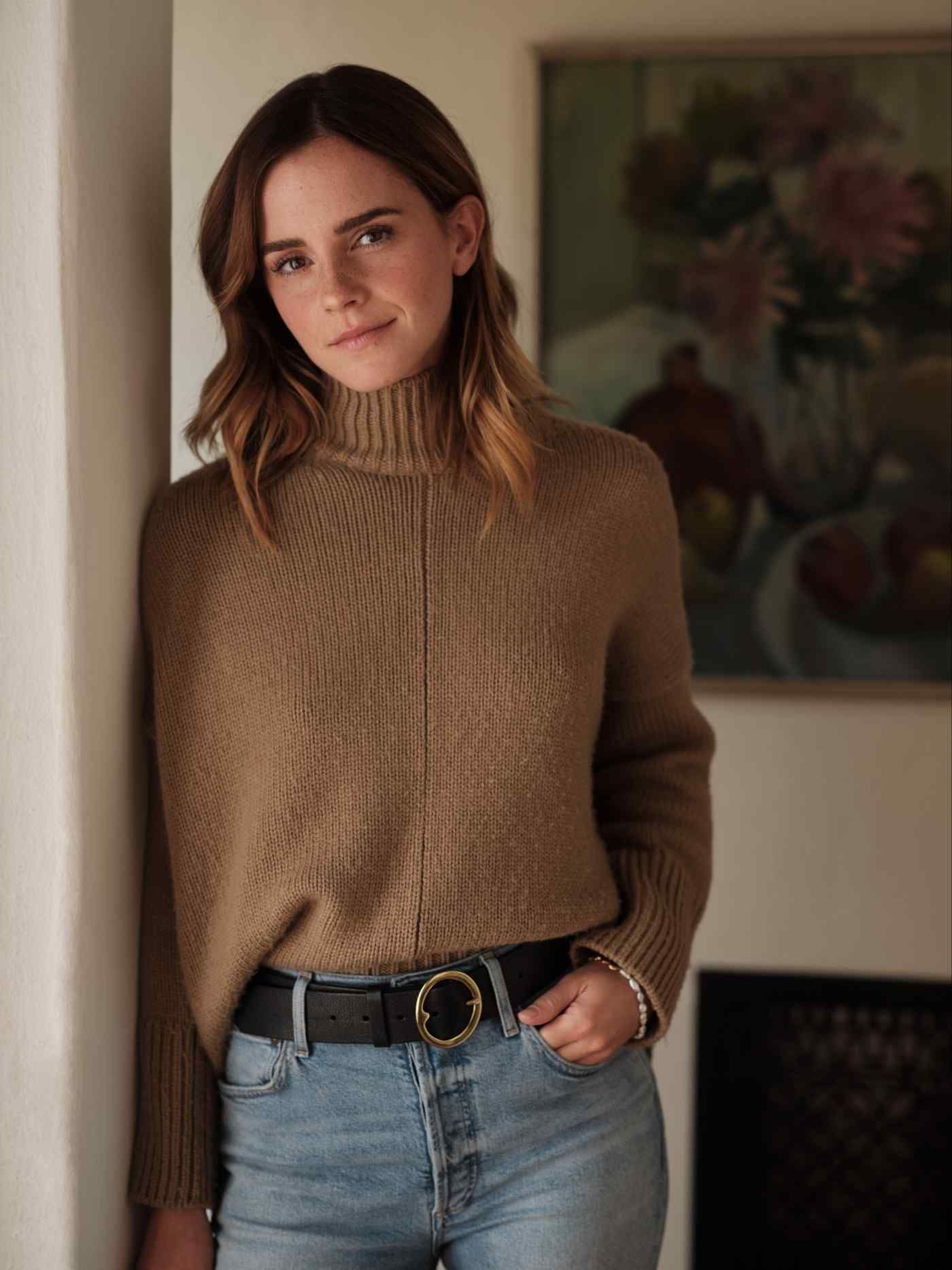 Emma Watson camel brown turtleneck sweater — ribbed turtleneck, ribbed cuffs, seam detail down front