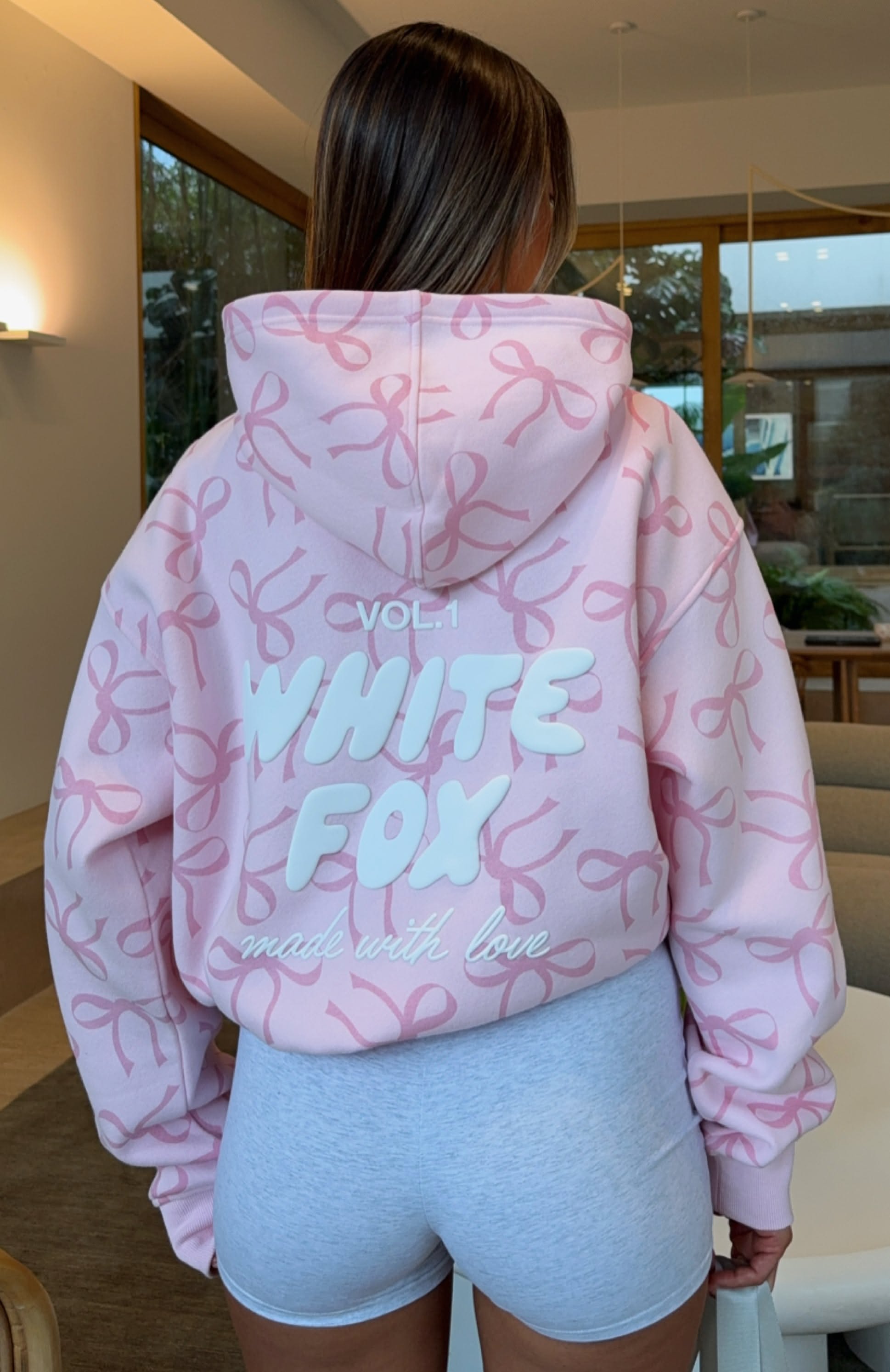 White Fox Posy Pink Hoodie — Allover Bow Print, Puffy 3D White Text