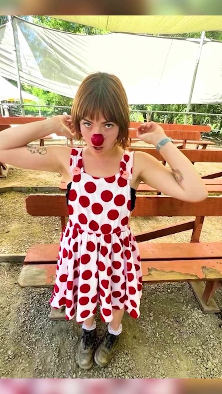 costume white with red polka dots pinafore dress — wide straps with pink button details, gathered waist, short length