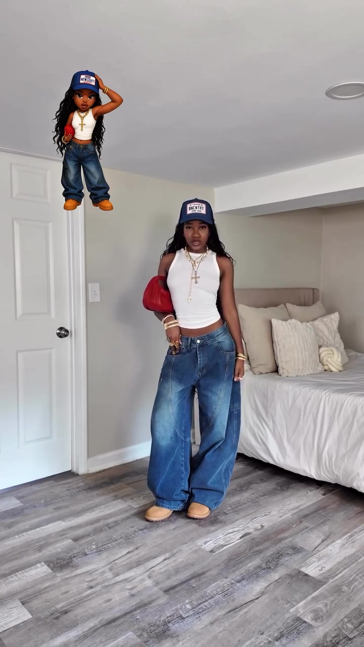 BNCNTRY White Racerback Tank Top and Baggy Jeans Outfit