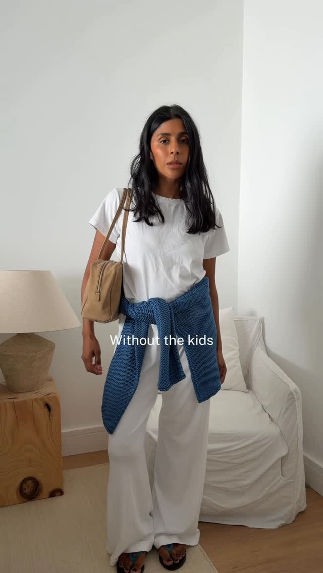 casual white wide-leg pants — high-waisted, flowy silhouette