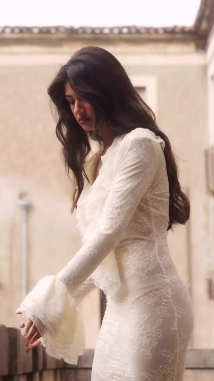 PLT LABEL White Lace Ruffle Bell Sleeve Maxi Dress