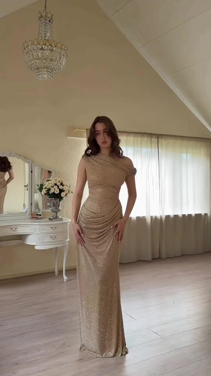 luxury gold metallic evening gown — one-shoulder neckline, draped bodice, ruched waist, floor-length