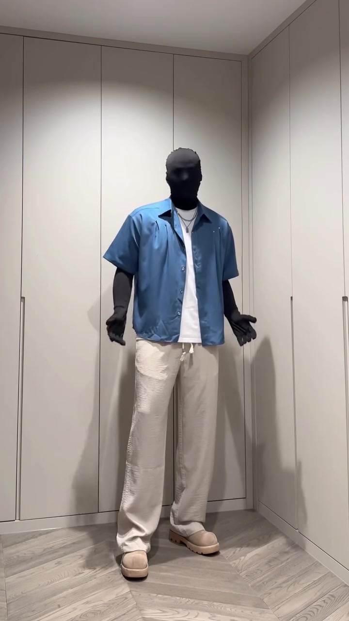 casual dusty blue short sleeve button-up shirt — camp collar, short sleeves, chest pleats, button-front