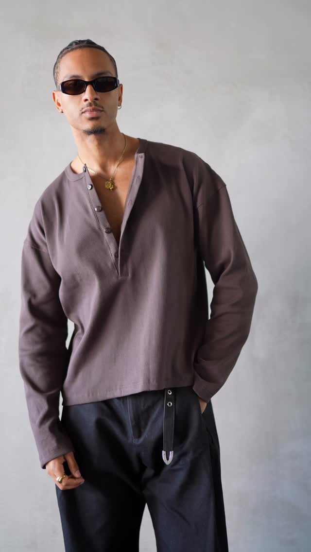 casual espresso brown Henley shirt — extended button placket, long sleeves, crew neck
