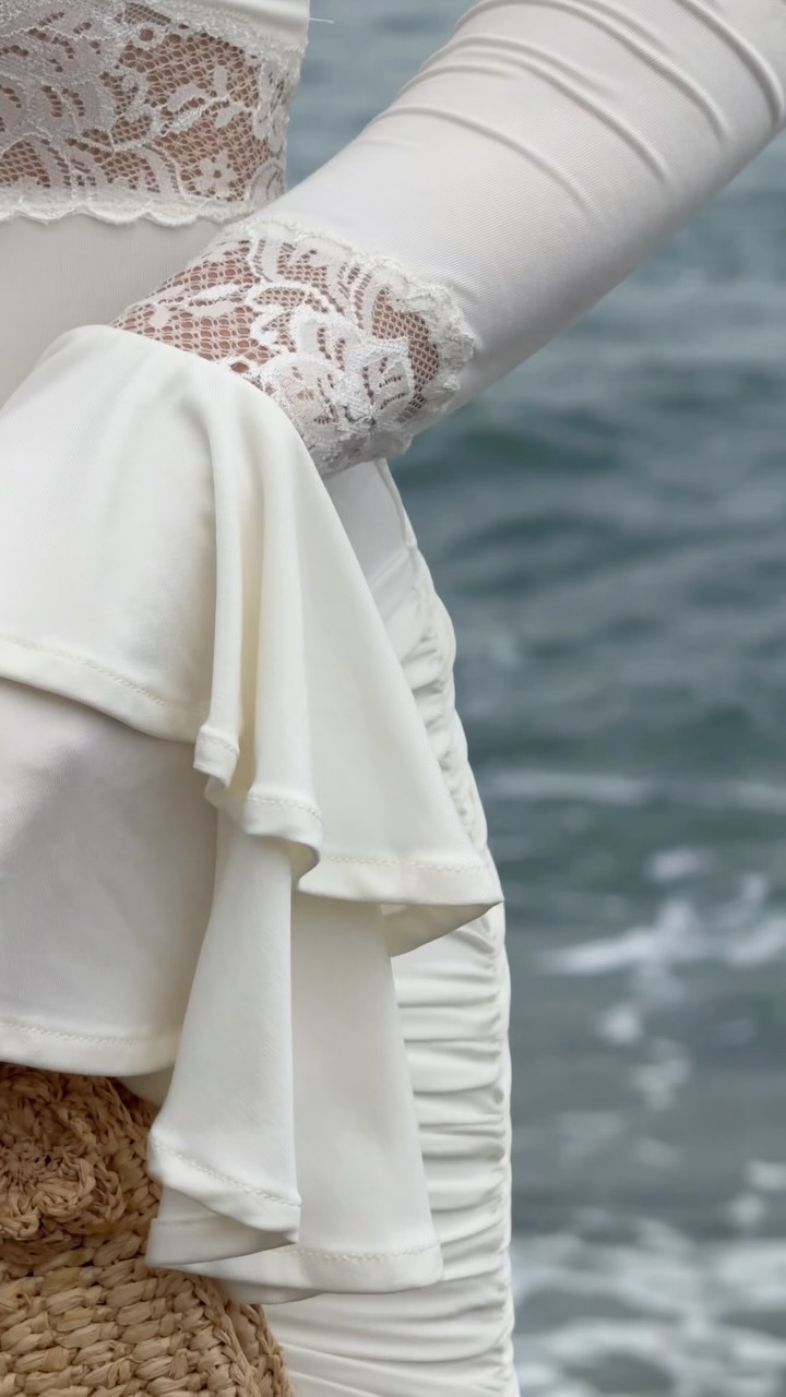 Meshki White Lace Detail Ruched Mini Dress