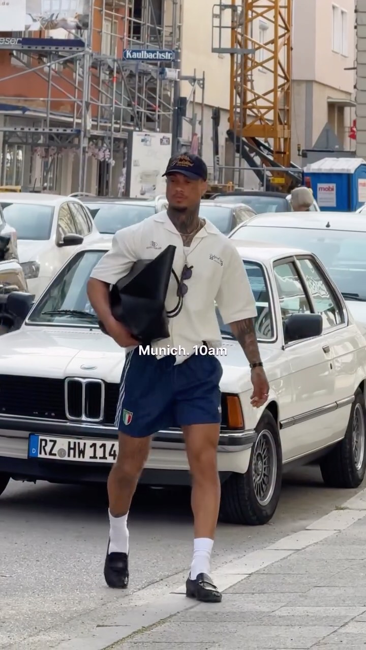 Adidas Polo shirt, football shorts, loafers outfit
